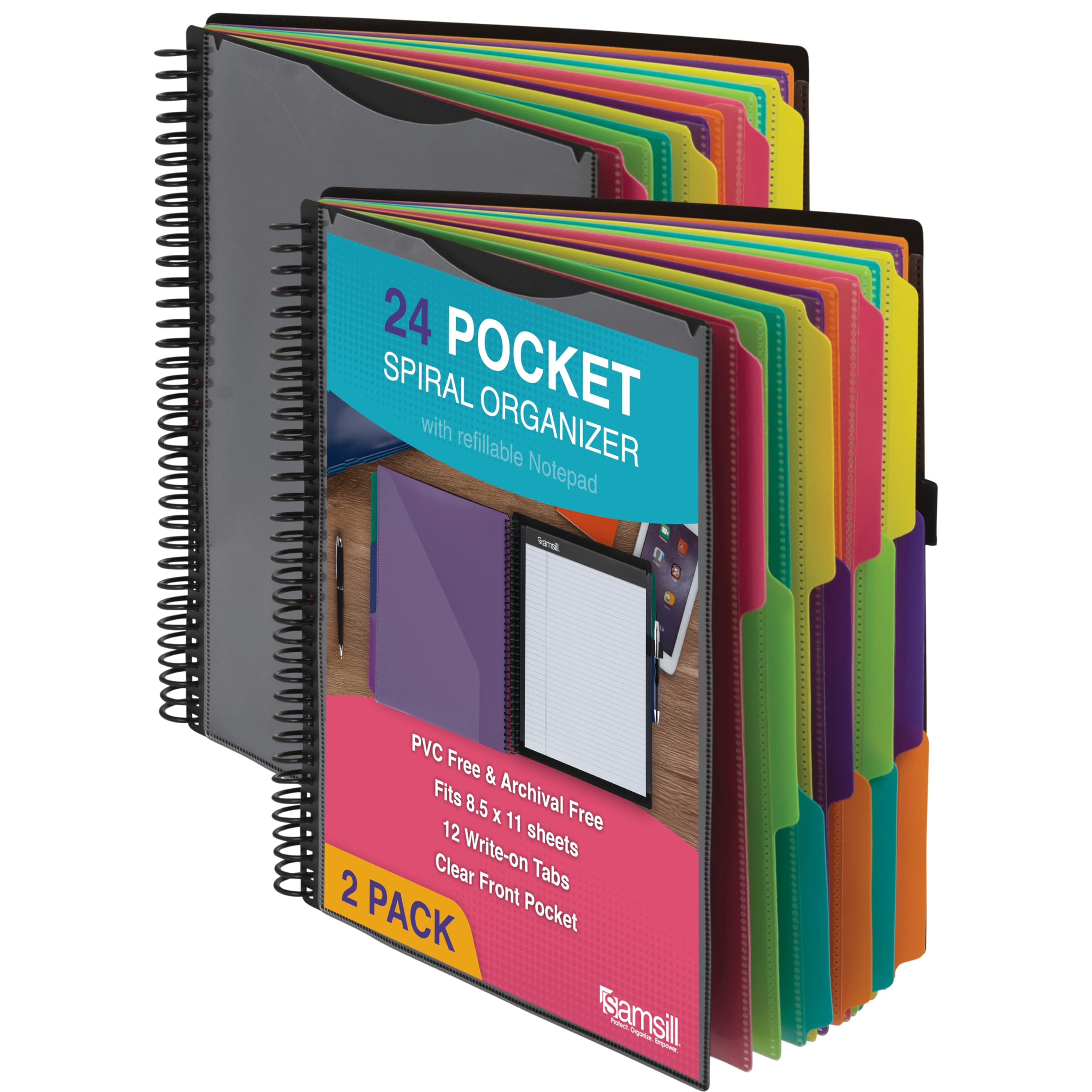 2 Pack Deluxe 24 Pocket Spiral Project Organizer with Refillable Notepad, Customizable Front Cover, 12 Dividers with Erasable Write-On Tabs in Fashion Colors, Plastic Folders with Pockets