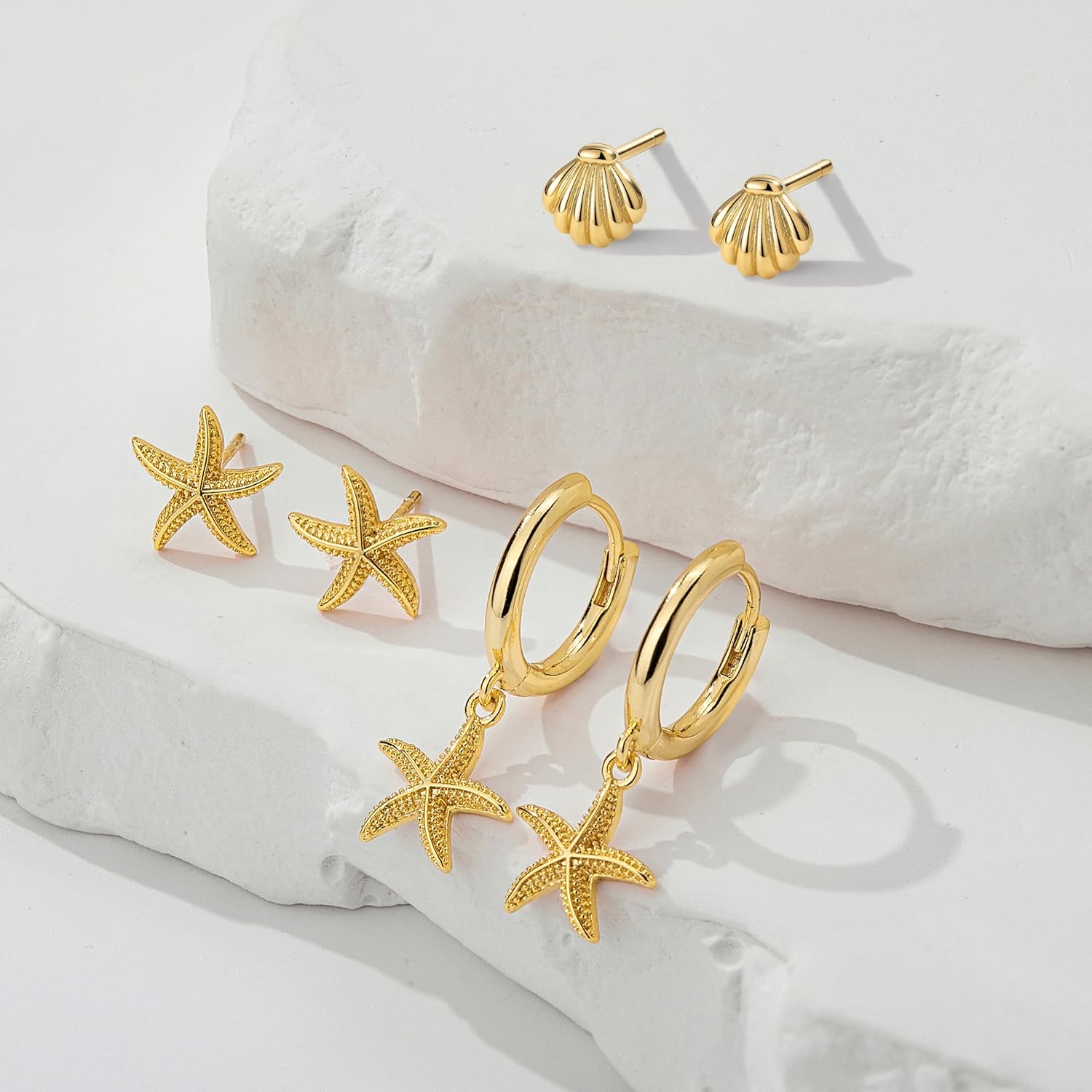 Valentine’s Day Heart Dangle Earrings 3 Pairs Set for Women, Gold Dainty Love Heart Seashell Starfish Cross Stud Hoop Earrings for Multiple Piercing Cartilage, 14K Plated Womens Valentine's Jewelry Gifts - Image 8