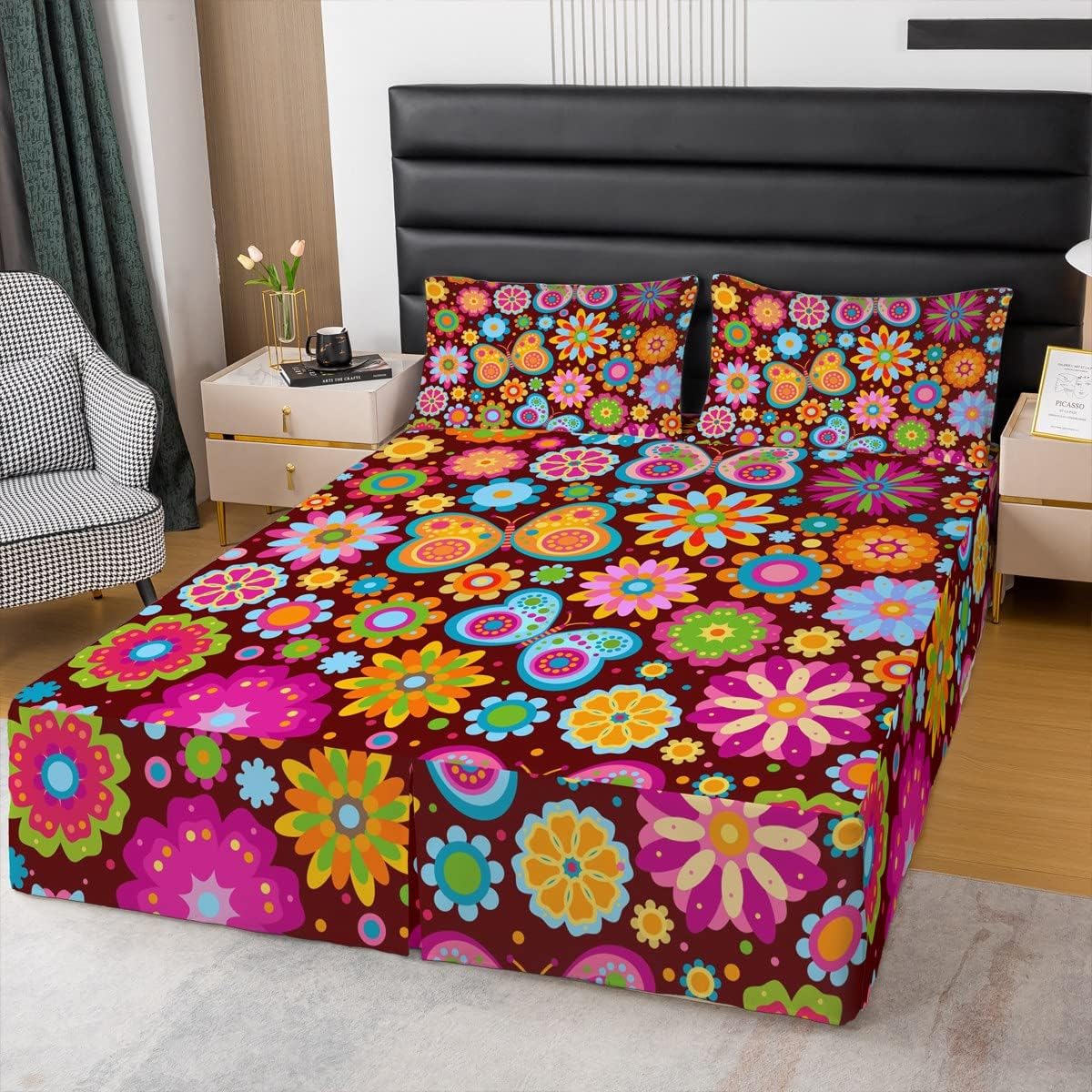 Groovy Flower Bed Skirt 70S Retro Psychedelic Floral Groovy Bed Skirts Queen Women Girls Boys Bohemian Abstract Vintage Hippie Bedskirt Boho Disco Indie Room Decor Rainbow Butterfly Print Bedding Set