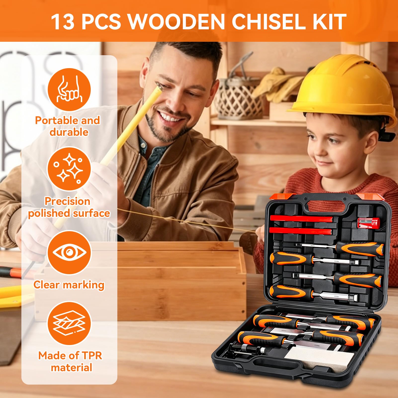 13 Stück Stechbeitel Set Für Holz Profi, 8 Stück Holzbearbeitungswerkzeuge 6-38mm Full Size Chisel Set mit Honing Guide, Schleifstein, Tischler Stifte und Tragetasche & Ergonomischer Griff Für Holzbea