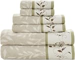 Madison Park Serene 100% Cotton Bath Towel Set Luxurious Floral Decorative Towels for Bathroom Embroidered Cotton Jacquard Design Soft Highly Absorbent for Shower 600 GSM, Multi-Sizes, Green 6 Piece