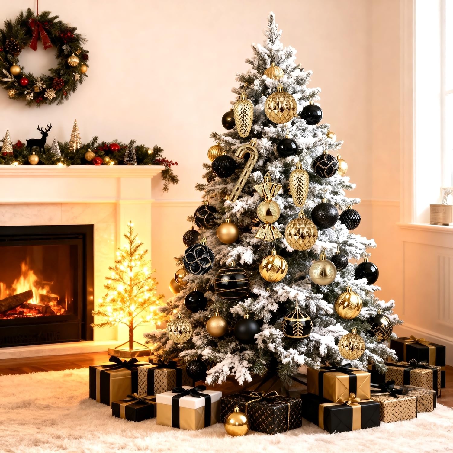 Miaikoe Set di decorazioni per albero di Natale, 63 pezzi, in plastica, antidistruttive, per feste di Natale, inverno, decorazioni per feste (nero e oro)