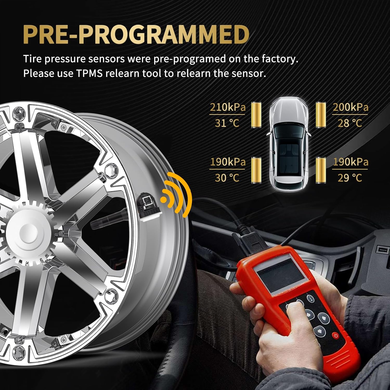 TPMS Sensor, 4PCS 315MHz Tire Pressure Monitoring Sensor Replacement for Chevy Camaro Suburban Impala, for GMC Acadia Yukon, for Buick Allure, for Pontiac G3 G5, 13598771 13598772