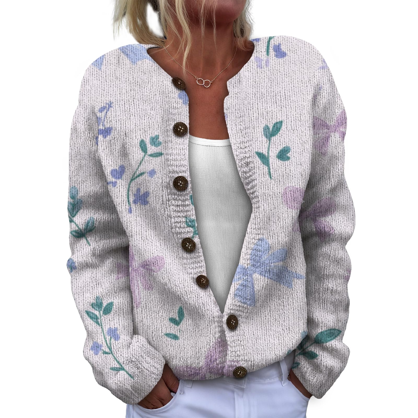 MARSVOVO Womens Button Down Cardigan Soft Knit Open Front Comfy Sweater Crewneck Long Sleeve Cute Fall Trendy Tops