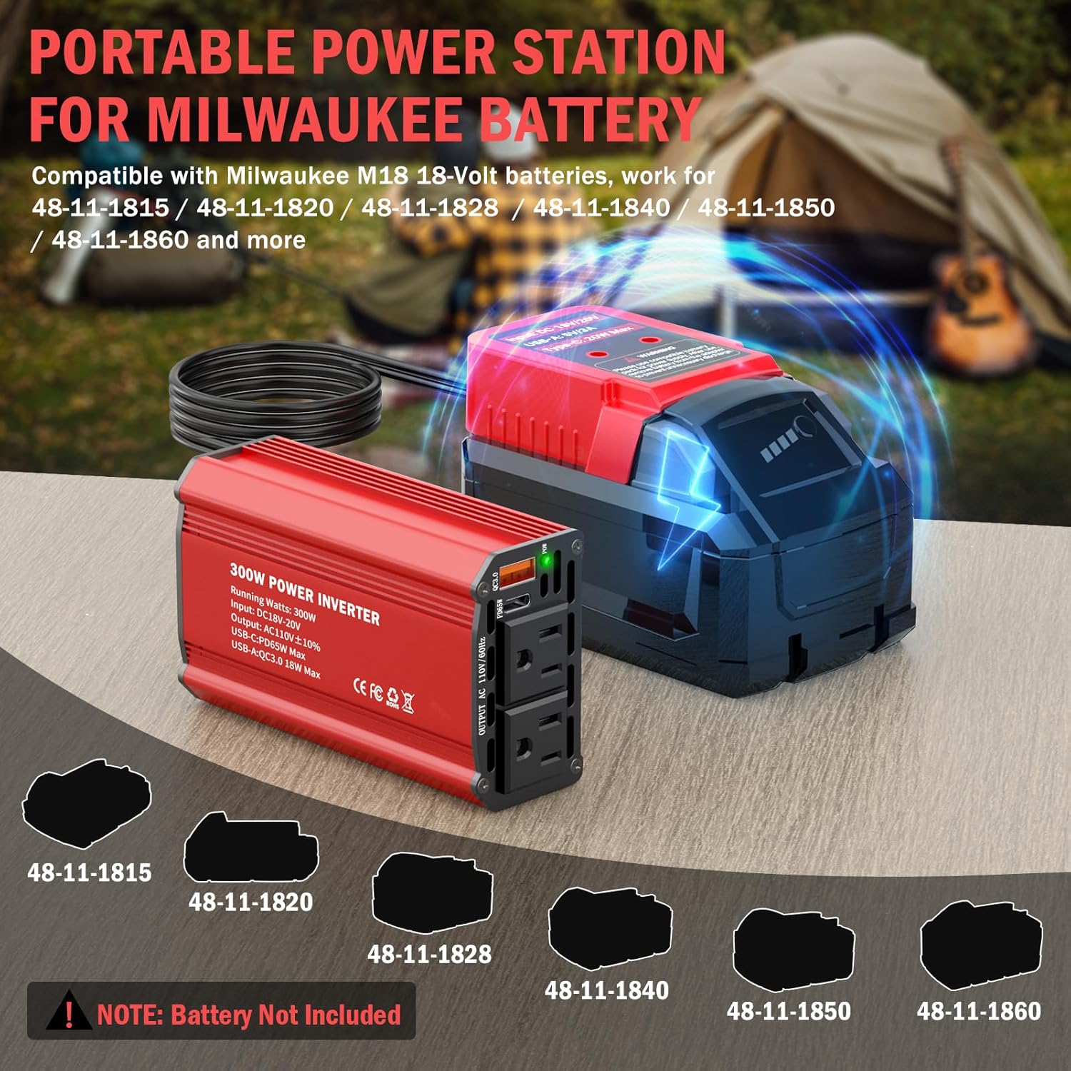 300W Power Inverter Compatible with Milwaukee M18 Battery - DC 18V to AC 110V Battery Converter, Portable Power Station with PD 65W Type-C Fast Charging & 2 AC Outlet & 2 USB-A & 1 Type-C 20W - Image 3