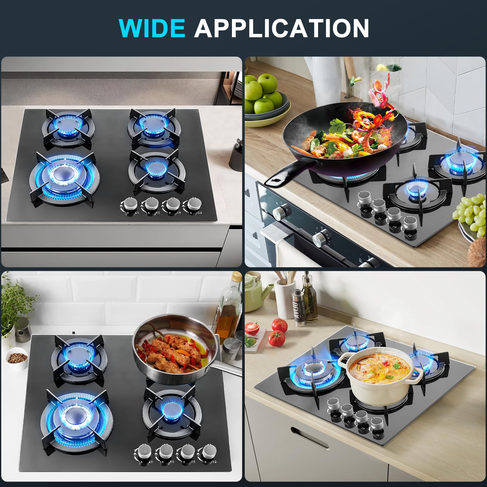 Victoam 7400W Gas Hobs 4 Burners, NG/LPG Convertible Induction Hob, 60cm Built-in Tempered Glass Panel, Electronic Lgnition + Flame Failure Protection (Black) — view 8