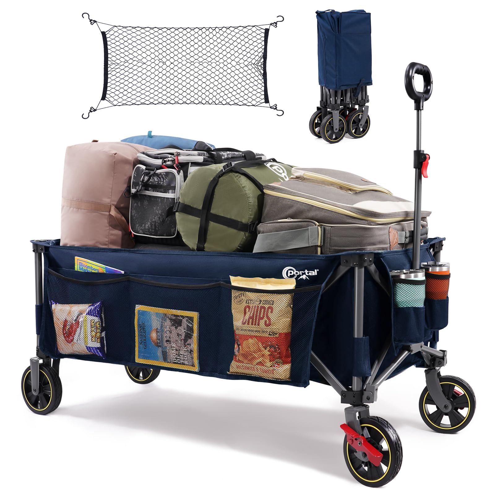 Portal Carrello pieghevole XXXL, 400 l, 160 kg, portata grande, con porta bevande, borsa laterale, carrello pieghevole, per giardino, campeggio, festival, blu