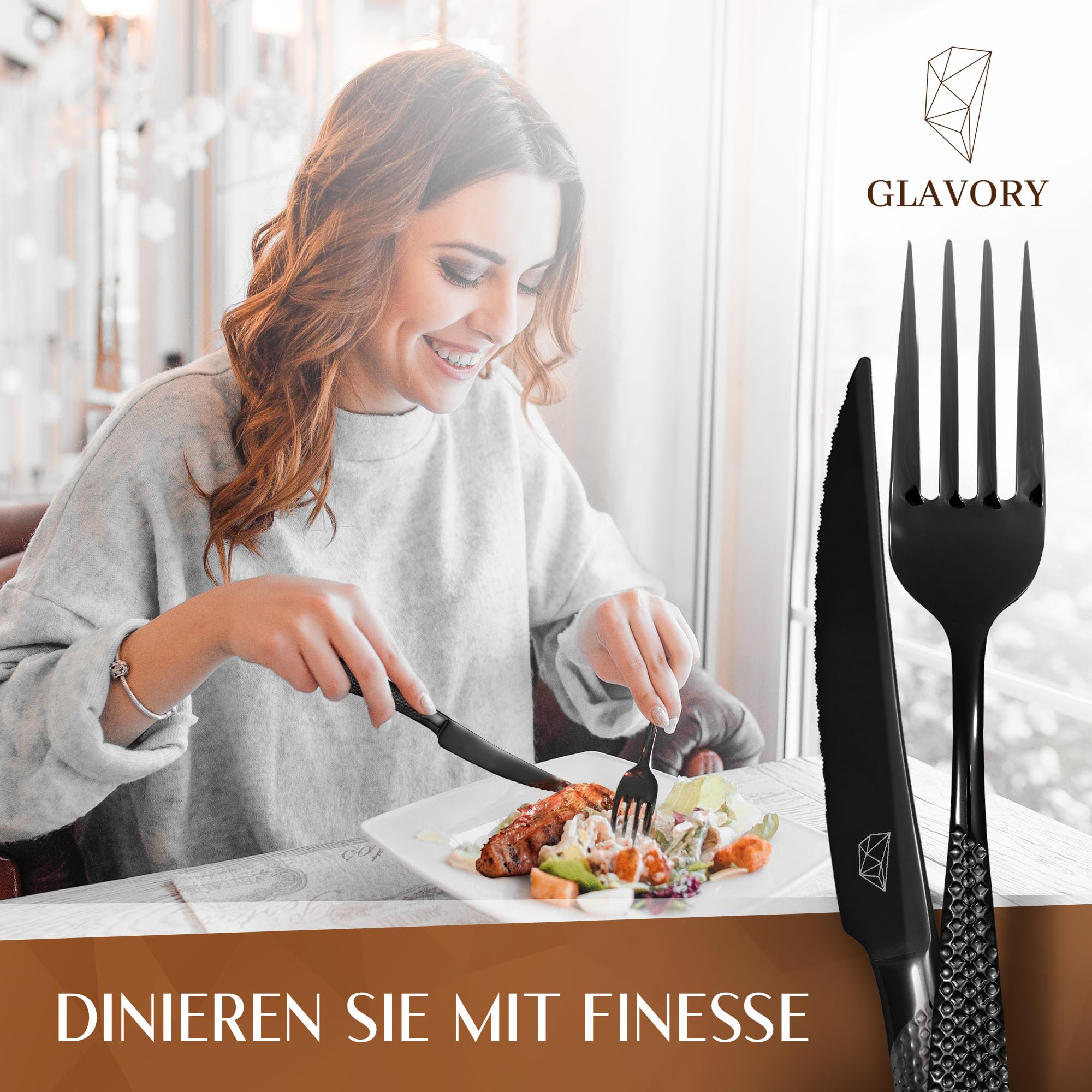 Glavory Aurora - Besteck Set Schwarz gestanzt - Besteck für 6 Personen 30teilig - rostfreier 18/8 Edelstahl - schwarzes Besteck spülmaschinenfest mit edler Verpackung - 2 in 1 Steakmesser