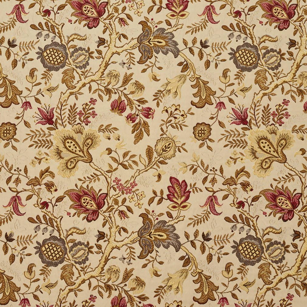 Red Gold Beige and Brown Flowers and Leaves Vibrant Upholstery Grade Fabric by The Yard - SKU: Tamsin Florence