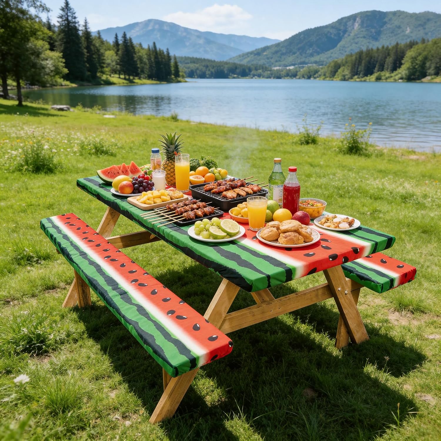 Picnic Table Cover with Bench Covers, 72" x 30" (Rectangular), Green Red