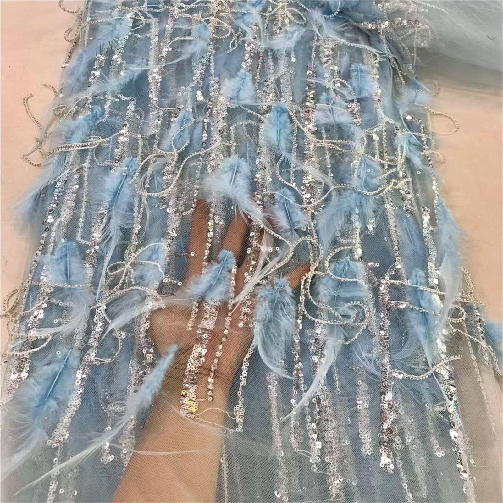 Tessuto per abito da sposa in tessuto di pizzo con piume di lusso fatto a mano paillettes pizzo tulle tessuto 3D per abiti da festa (colore-C)