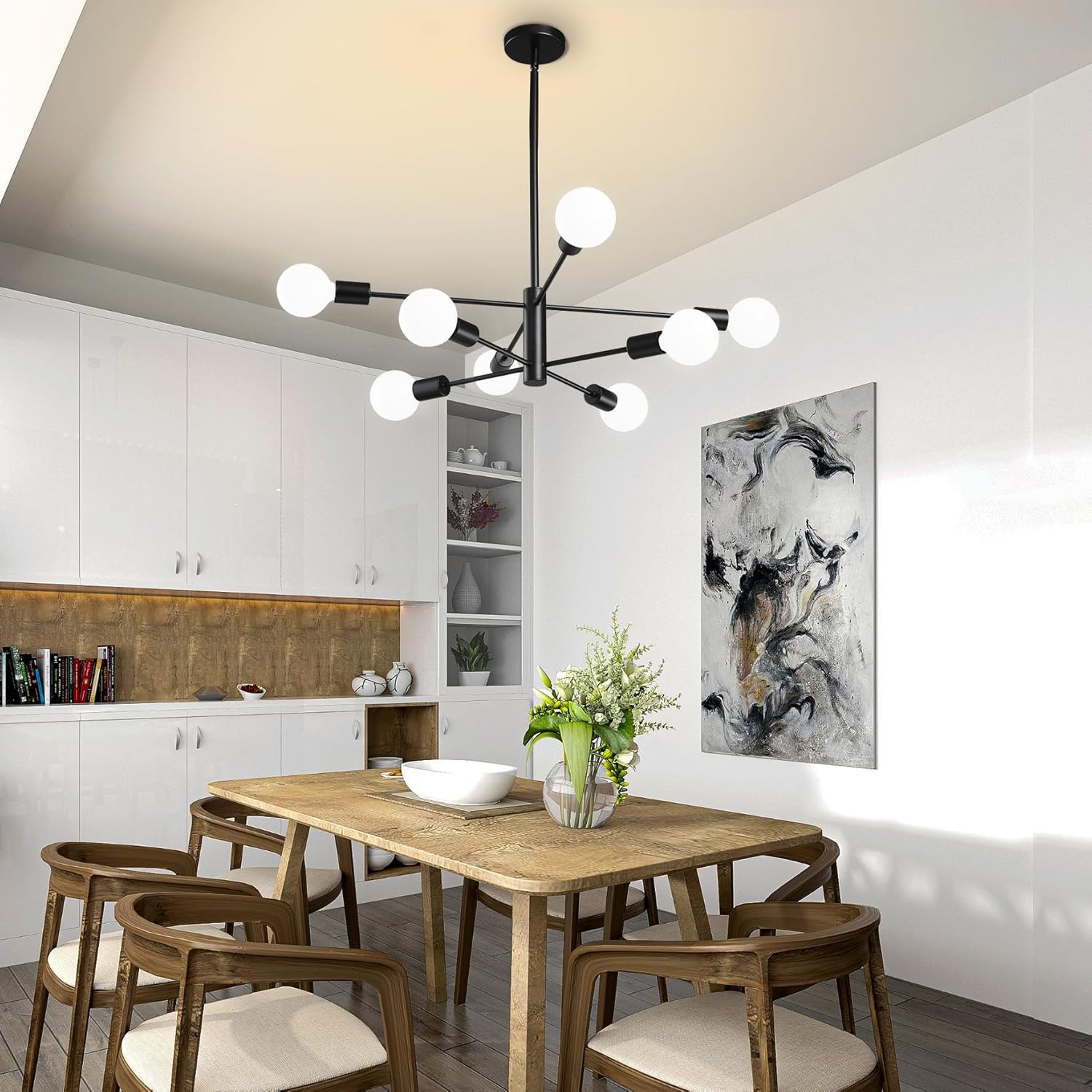 RUIYEY Modern Sputnik Chandeliers Light, 8-Light Black Chandeliers for Dining Room, Height Adjustable Ceiling Lights Farmhouse Chandelier for Kitchen Island Living Room Bedroom