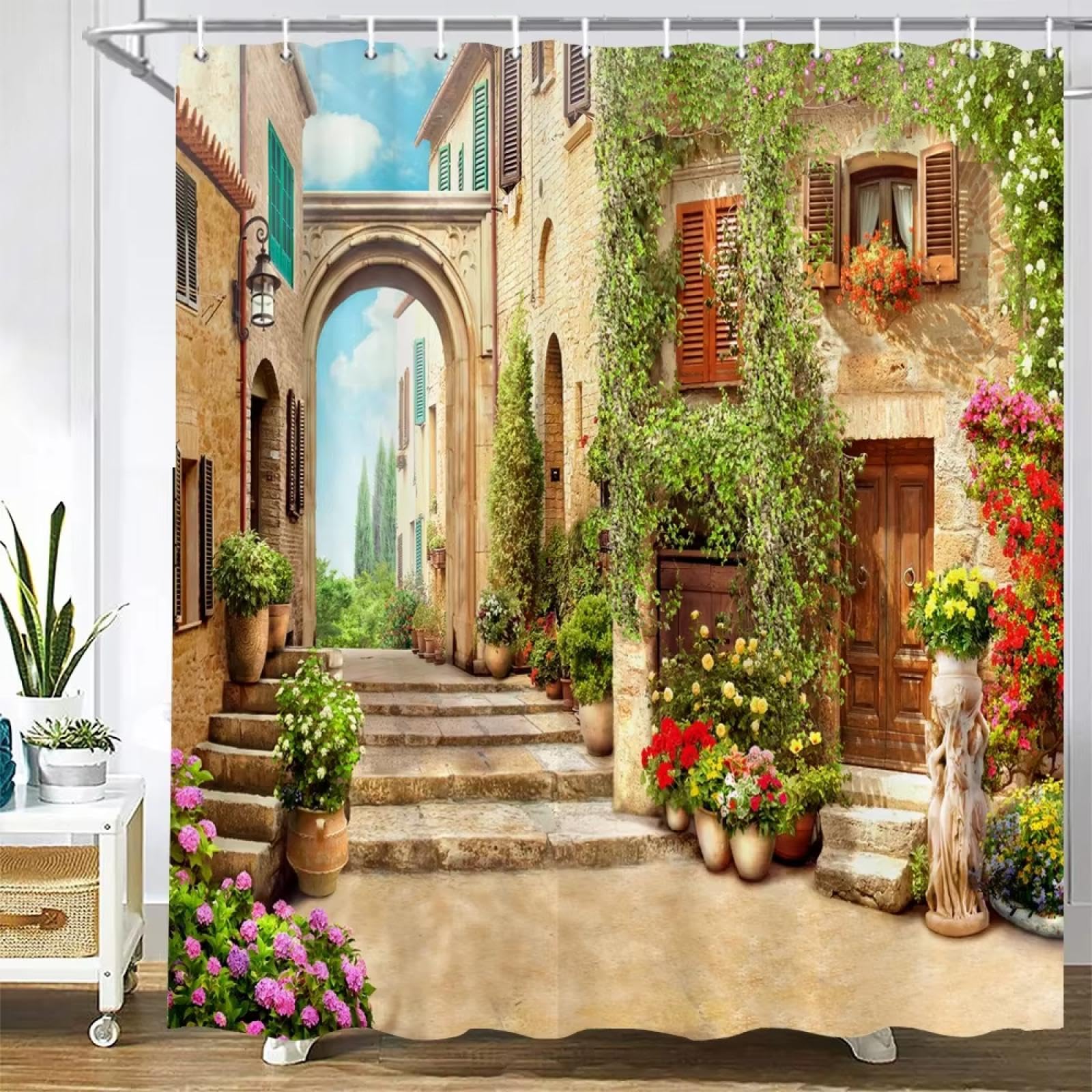 Rideau de douche en tissu haut de gamme à motif floral imprimé 3D rétro rétro chic