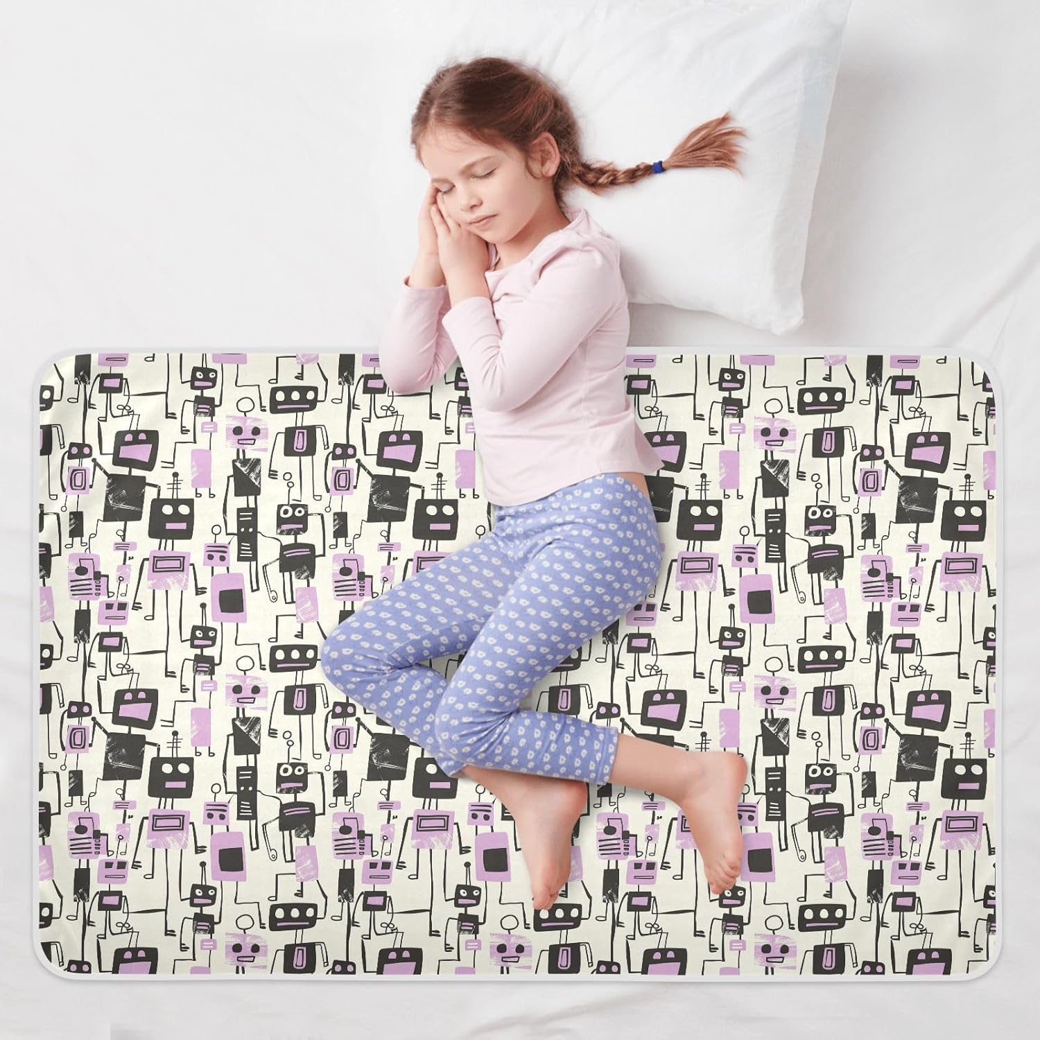 Jon Klassen Style Robots Design Purple Extra Large Resuable Training Pee Pads for Kids Highly Absorbent Crib Pee Mattress Pad Skin-Friendly Cradle Mattress for Toddler Kids , 52" L x 34" W