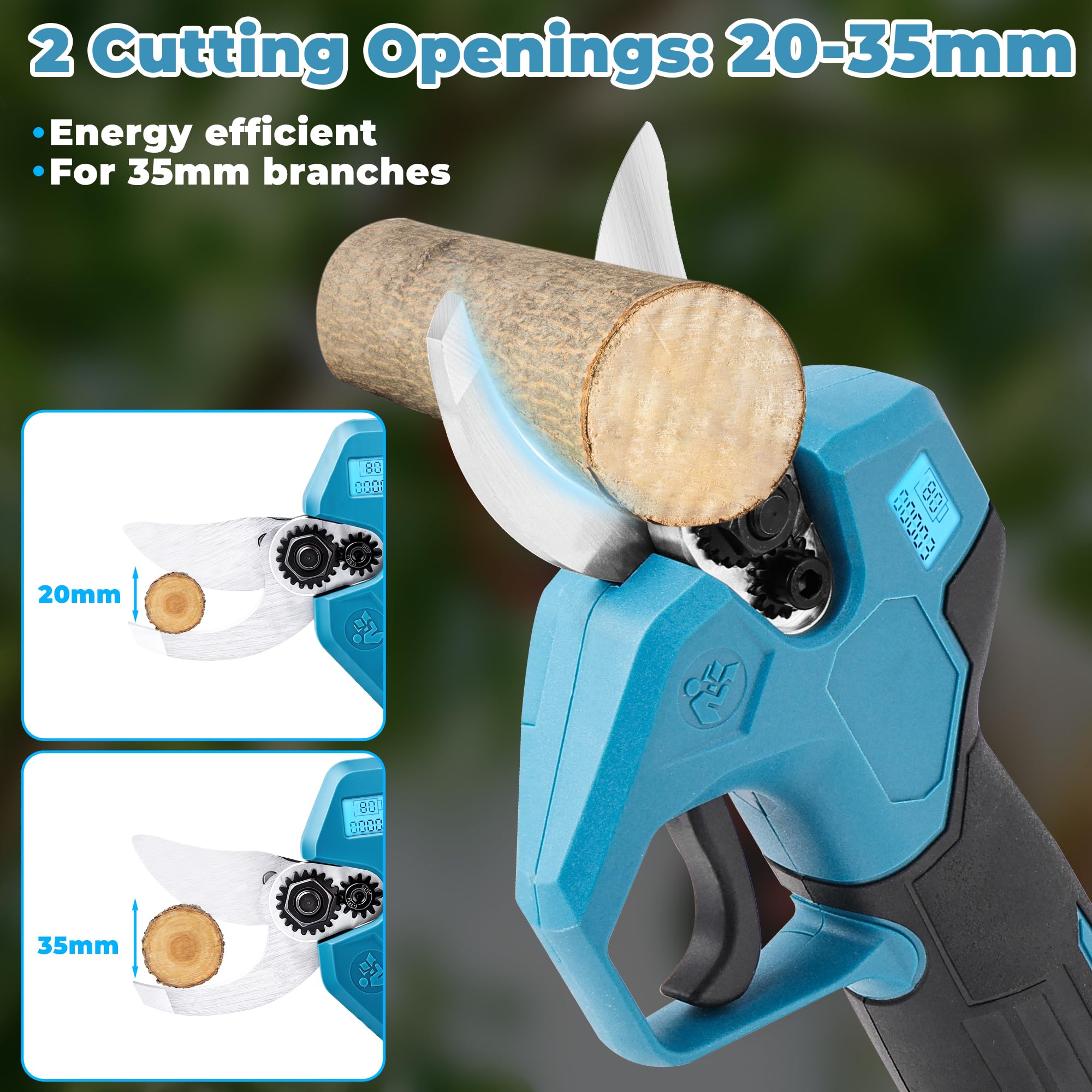 Tijeras de Podar Eléctricas con Pértiga Telescópica 2.4 m, Corte Ajustable 25/35 mm, Pantalla de Batería, 2× 2.0Ah Baterías,Tijera de Podar Eléctrica para Jardín y Árboles Altos