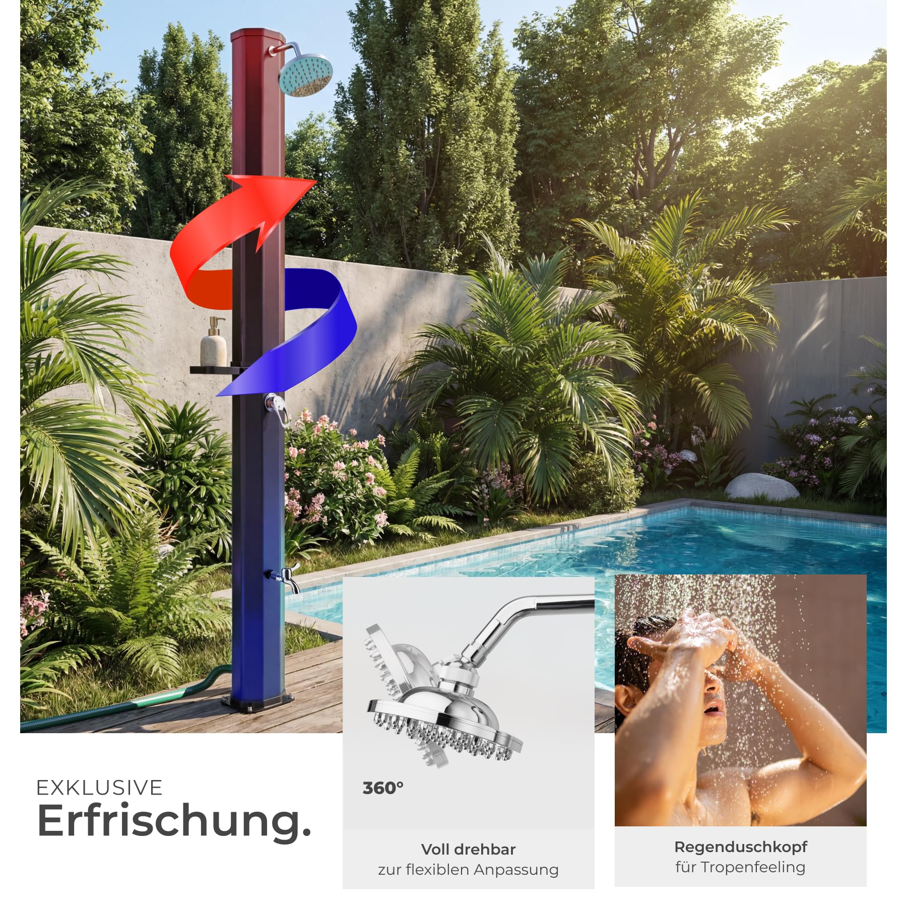 TecTake® Solardusche 35 l, bis 60° C, drehbarer Regenduschkopf, Gartenschlauch-Anschluss, Wasserhahn, Seifenablage, Schutzfolie, Schutzhülle, Außendusche, Solarduschen, schwarz