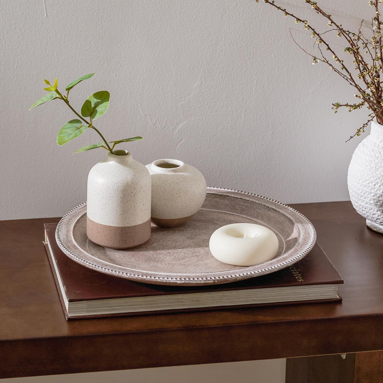Farmhouse Rustic Coffee Table Tray for Home Decor, Round Wooden Powder Compressed Decorative Tray, Wood Beaded Edges Trays for Living Room, Bathroom, Kitchen Counter- 11.8" Brown and Whitewashed Trays