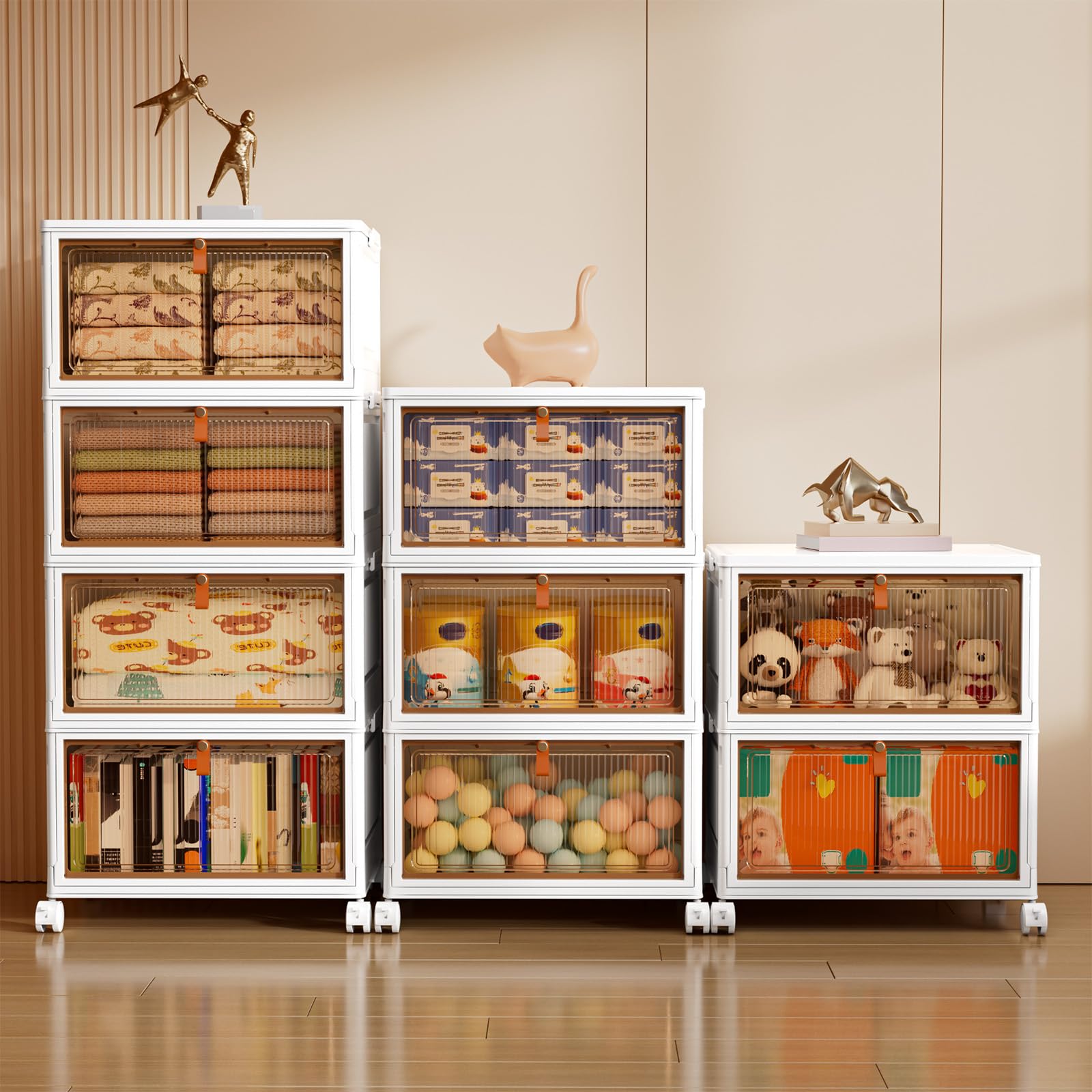 PurKeep Scatole Plastica con Coperchio - 28L*4 Contenitore con Coperchio, Scatole Portaoggetti con Porte e Ruote, Pieghevole Cassettiera in Plastica, bianco, 4 confezioni