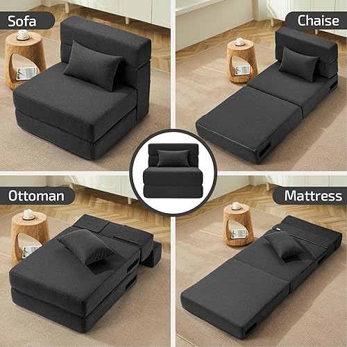 Miniatura 121 de Sofá cama plegable 2 en 1 con almohada, silla plegable, sofá de piso y colchón para dormir, funda lavable y silla de espuma viscoelástica para sala