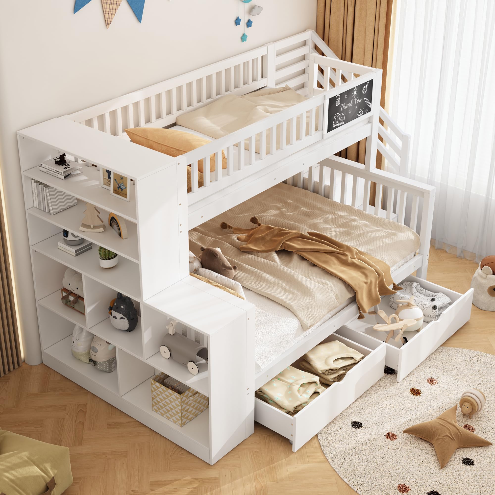 Letto a castello 140 x 200 | 90 x 200 cm, Scala di Sicurezza -Salvaspazio con vani portaoggetti, 2 cassetti, Libreria Grande a 6 Ripiani, Pino Robusto Bianco, 3 adolescenti e adulti