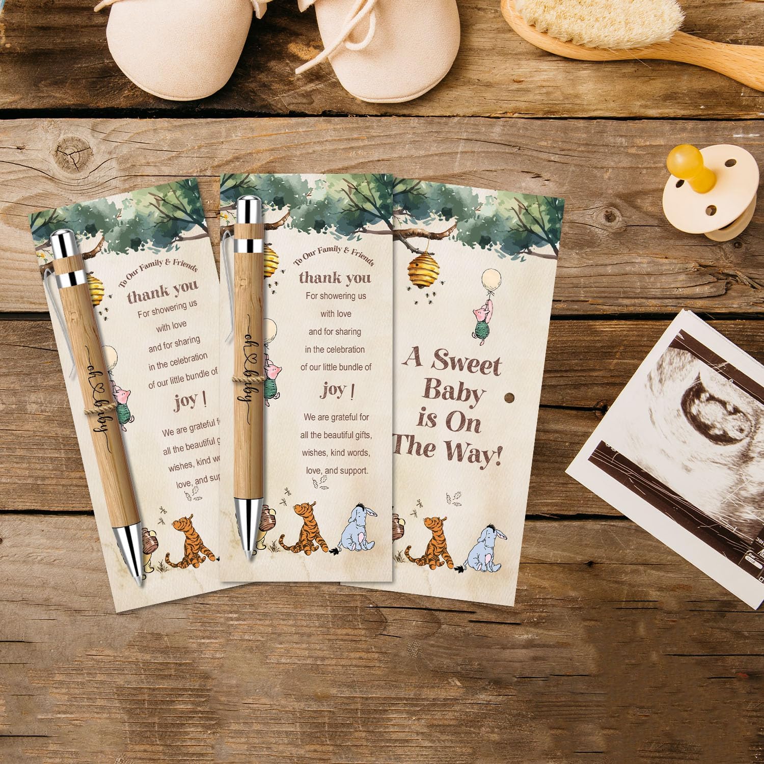Toerifer 30 Pieces Baby Shower Gifts for Guests, Winnie Baby Shower Sets, Included Bamboo Pens Greeting Cards, Gender Reveal Souvenirs Prizes, Winnie Gender Reveal Decor
