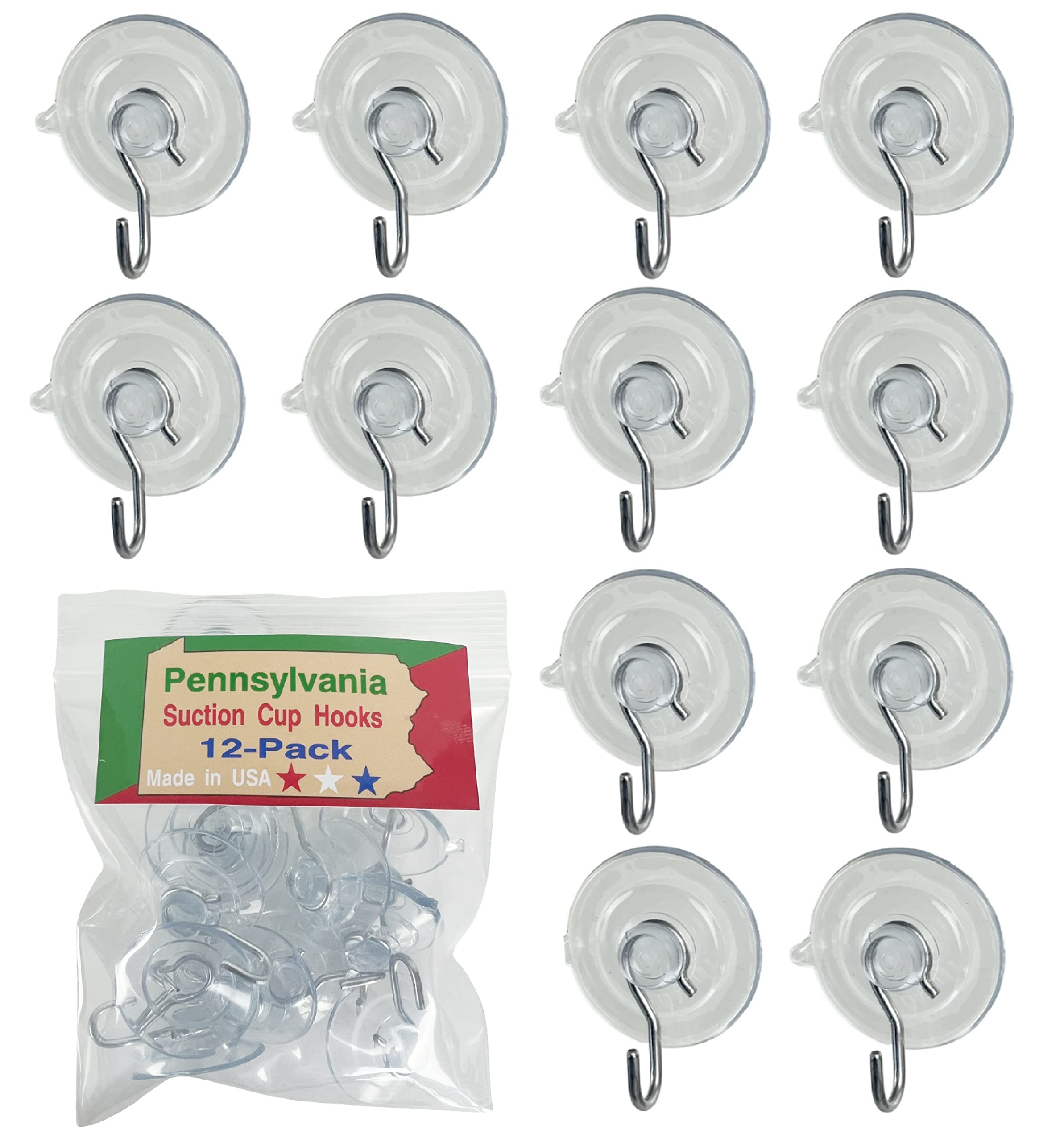 12-Pak (Small 1 1/8 inch) Pennsylvania Heavy Duty Suction Cup Hooks for Glass Windows-Comes in 5 Sizes (Made in Pennsylvania) for-Signs, Holiday Ornaments, Suncatchers, Stained Glass, and Decorations
