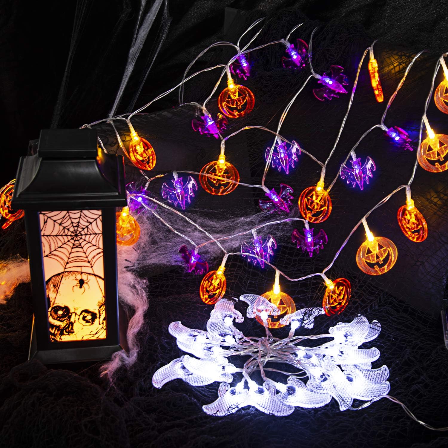 Halloween String Lights, Twinkle Lights Battery Operated, Orange String Lights for Halloween, Thanksgiving, Christmas, Fall Decor Indoor Outdoor (Pumpkin Bat Ghost)