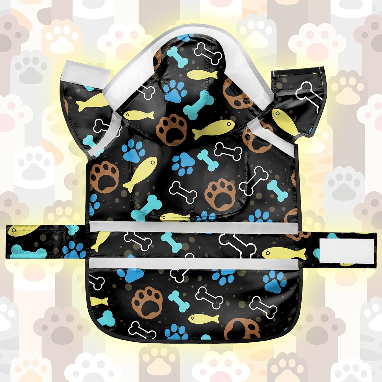 Dog Raincoat, Adjustable Rain Jacket with Hooded Double Layer for Large Medium Small Dogs Puppies, Lightweight Waterproof Rain Coat Poncho with Reflective Stripe Paw Print Black,XXL