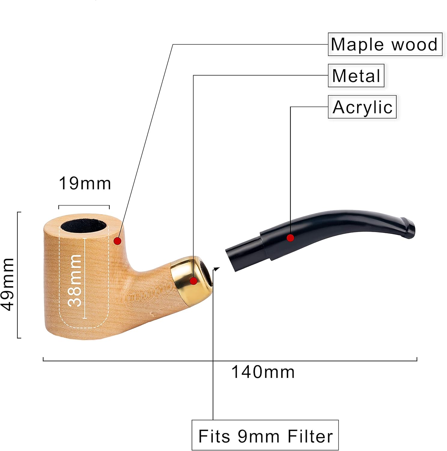 Dr. Watson - Wooden Tobacco Pipe, classic Cherrywood shape, Fits 9mm filter, Comes with Pouch, Boxed (Natural)
