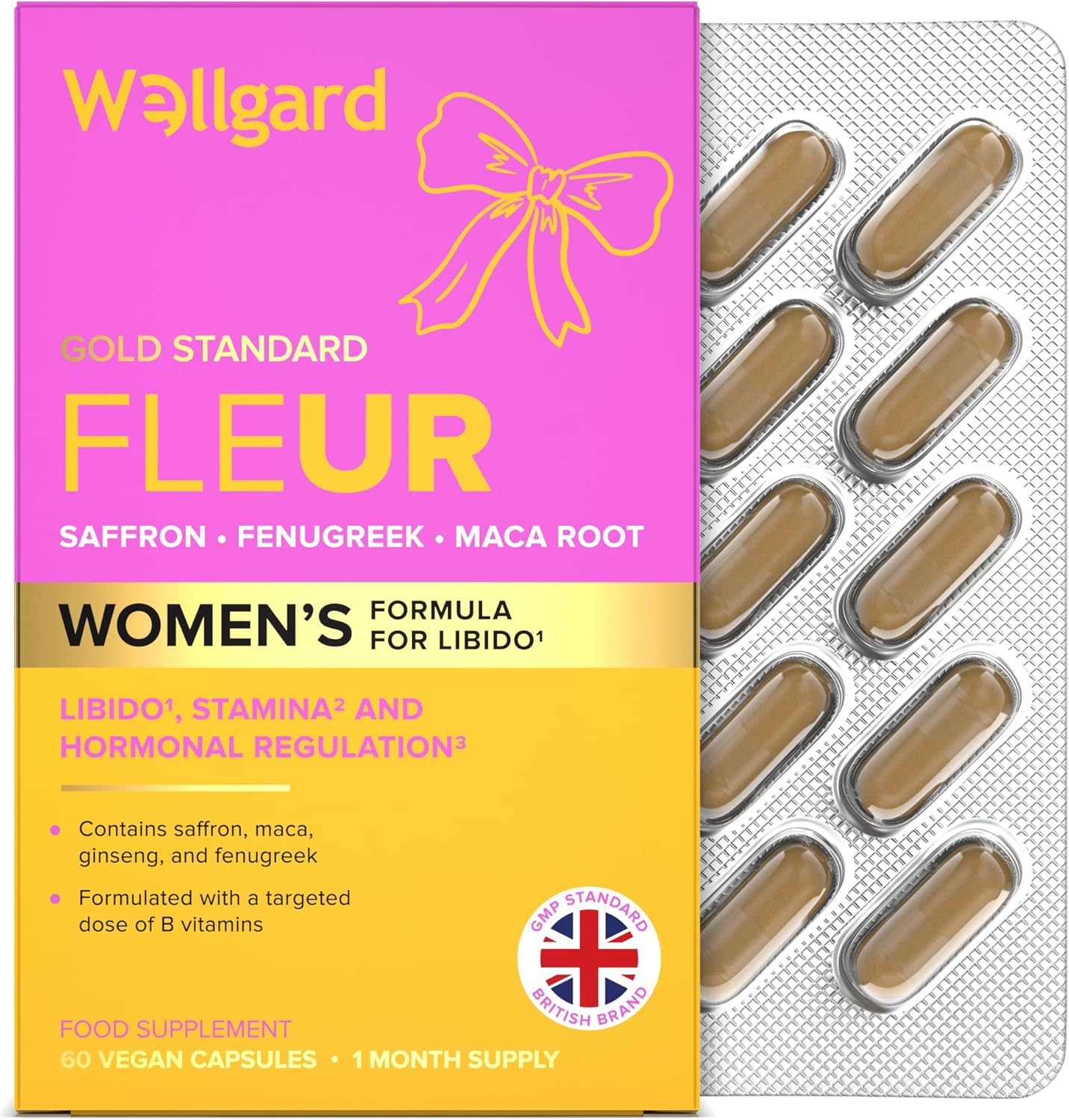 Wellgard Fleur – Libido Booster for Women with Saffron, Maca, Fenugreek, B6, B12 & Magnesium, Vegan, 60 Capsules