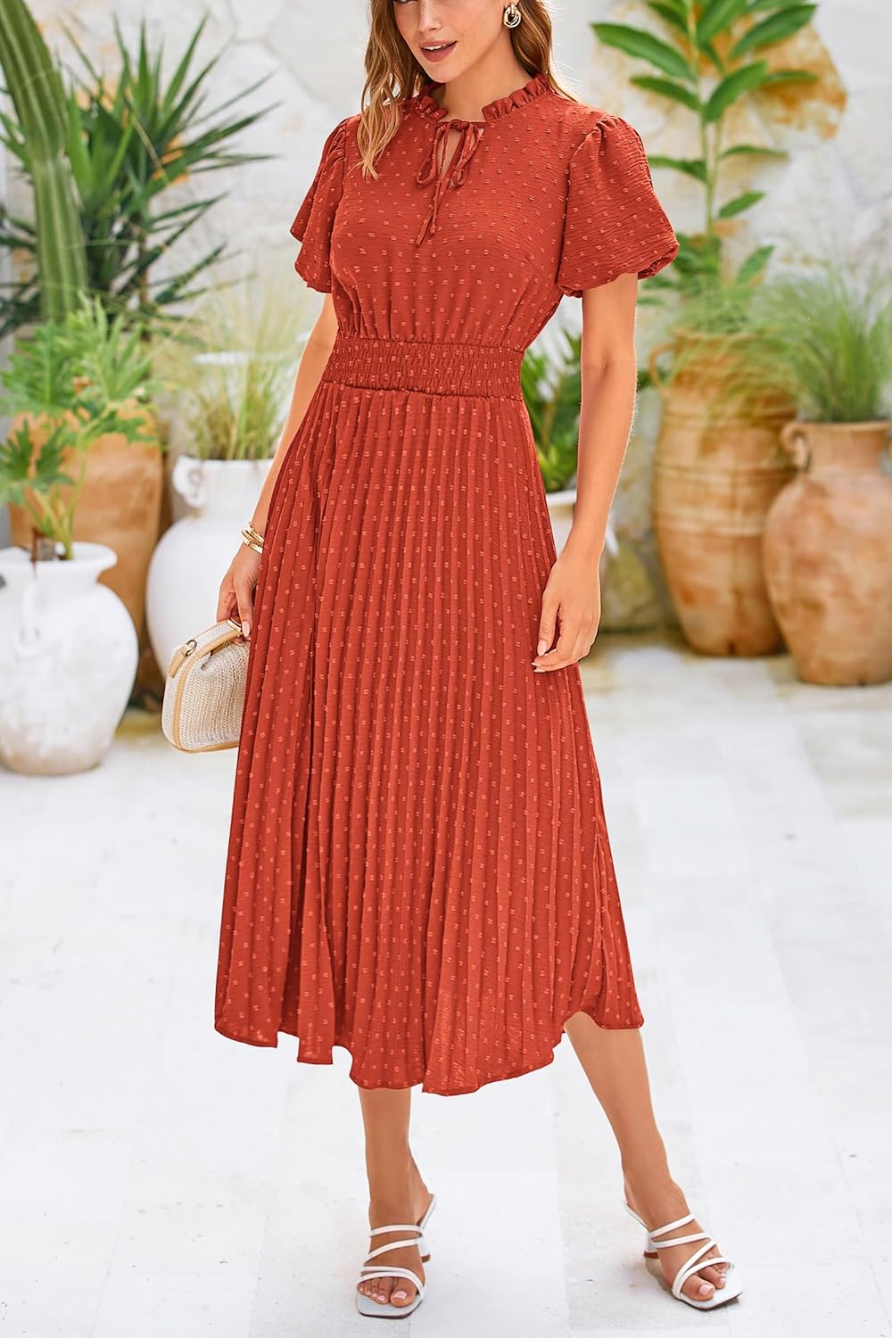 PRETTYGARDEN Womens Summer Midi Dresses Puff Short Sleeve V Neck Swiss Dot Pleated A Line Flowy Long Wedding Guest Dress - (color: Brick Red, size: X-Large)