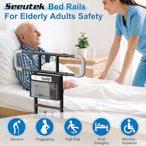 Miniatura 4 de Seeutek Rieles de cama para adultos mayores, rieles plegables de asistencia de cama para personas mayores, rieles laterales de cama ajustables con