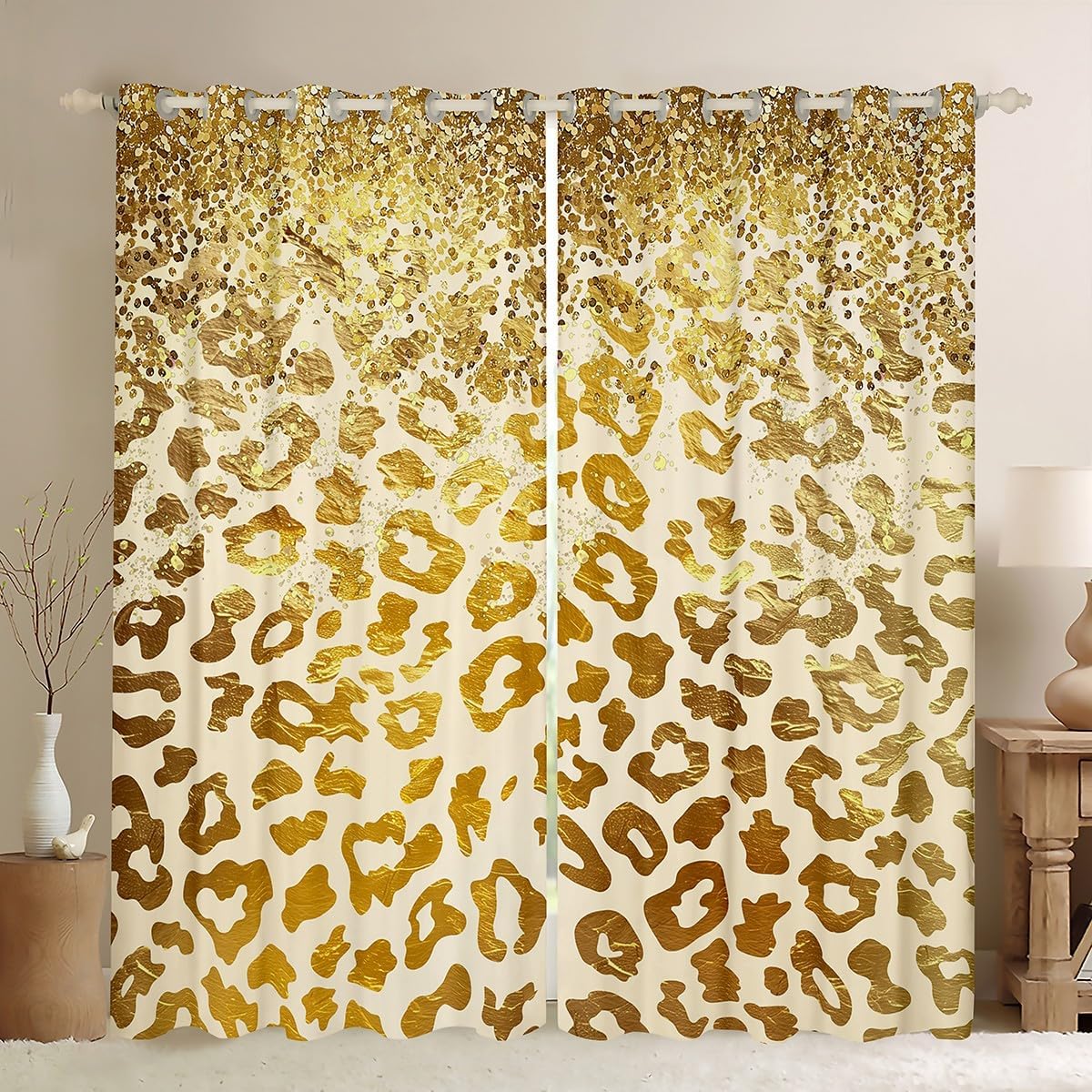 Manfei Kids Gold Leopard Blackout Curtain Gold Sequins Glitter Print Window Drapes for Boy Girls, Wild Animal Fur Print Window Treatments Grommet Top 2 Panel Set Bedroom Curtains, 52Wx96L inch