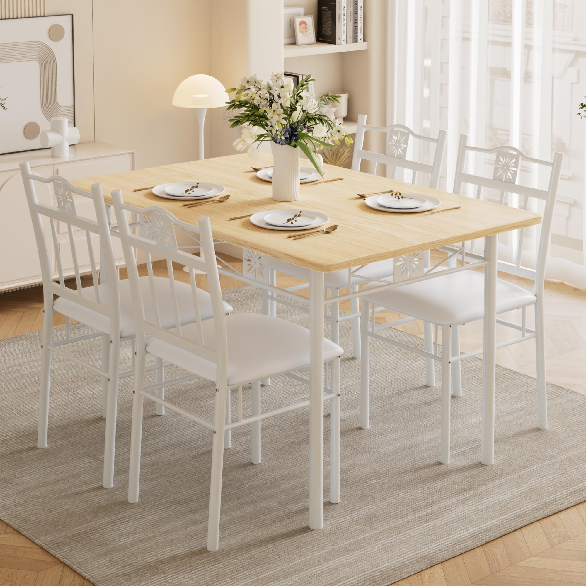VECELO Dining Table Set for 4, 5-Piece Wood Kitchen Table with Upholstered Padded Chairs for Small Space, Breakfast Nook, Space-Saving, White