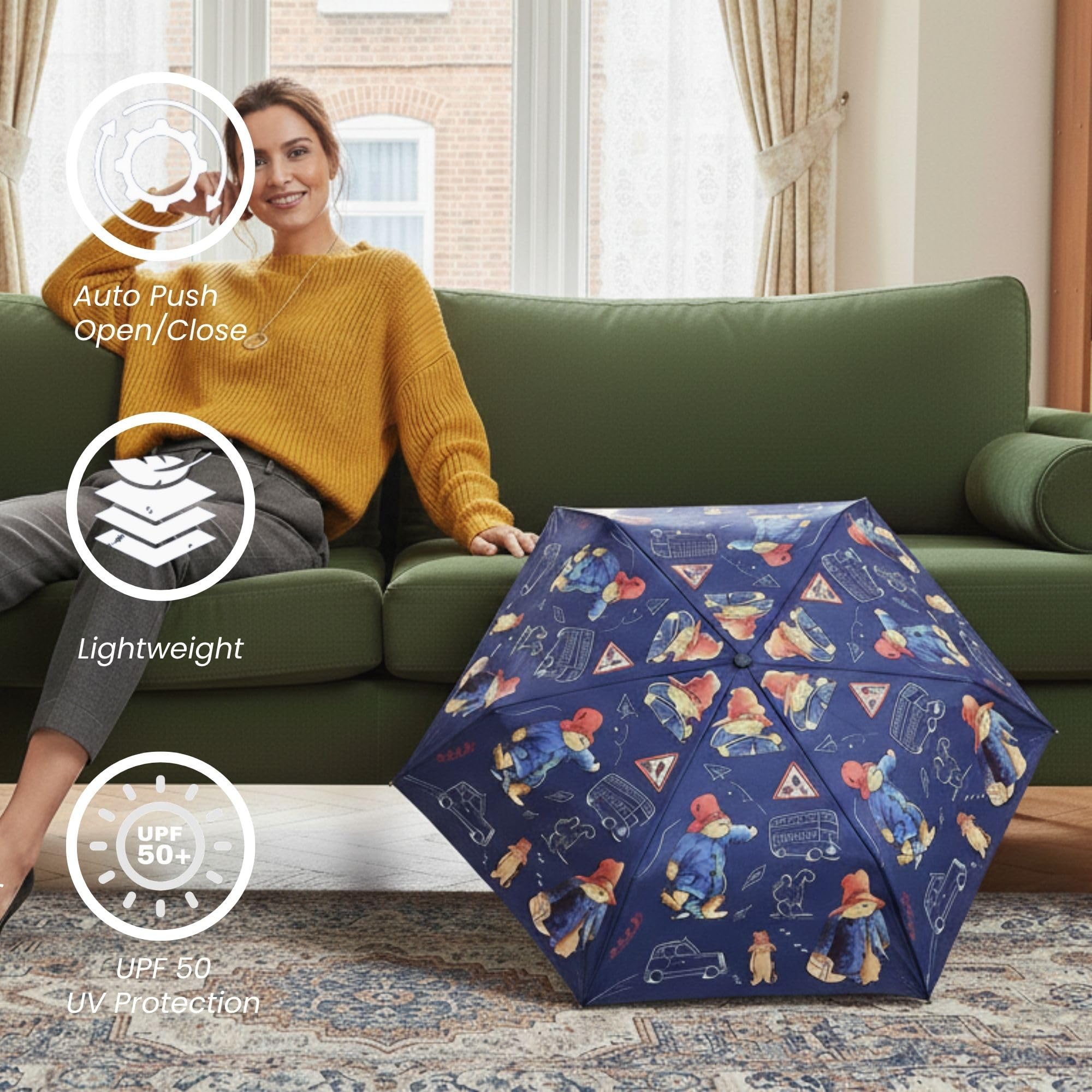 Signare Paddington Bear Automatischer faltbarer Regenschirm, Marineblau mit Charakterdruck, Gobelin-Design (Paddington Bear Blue, UM-AUTO-PADDBL)