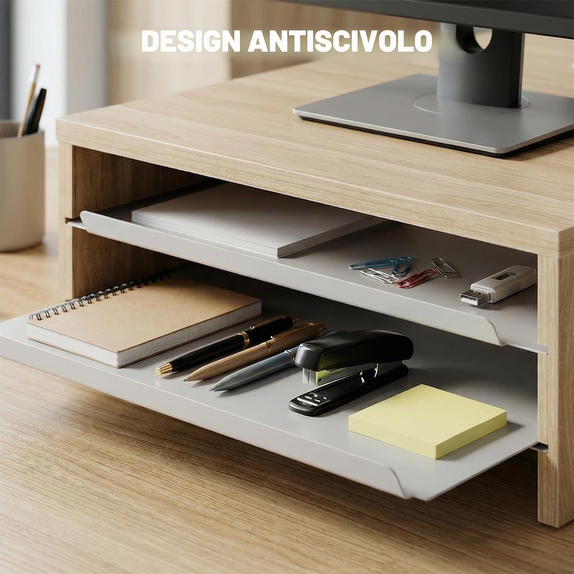 Fenge Supporto Monitor Scrivania, Rialzo per Monitor con 2 Vassoi, Legno e Metallo, Organizer da Scrivania per Casa e Ufficio, Computer, Laptop, Stampante, Telefono, TV, 36,4x23,5x13,4 cm (Rovere)