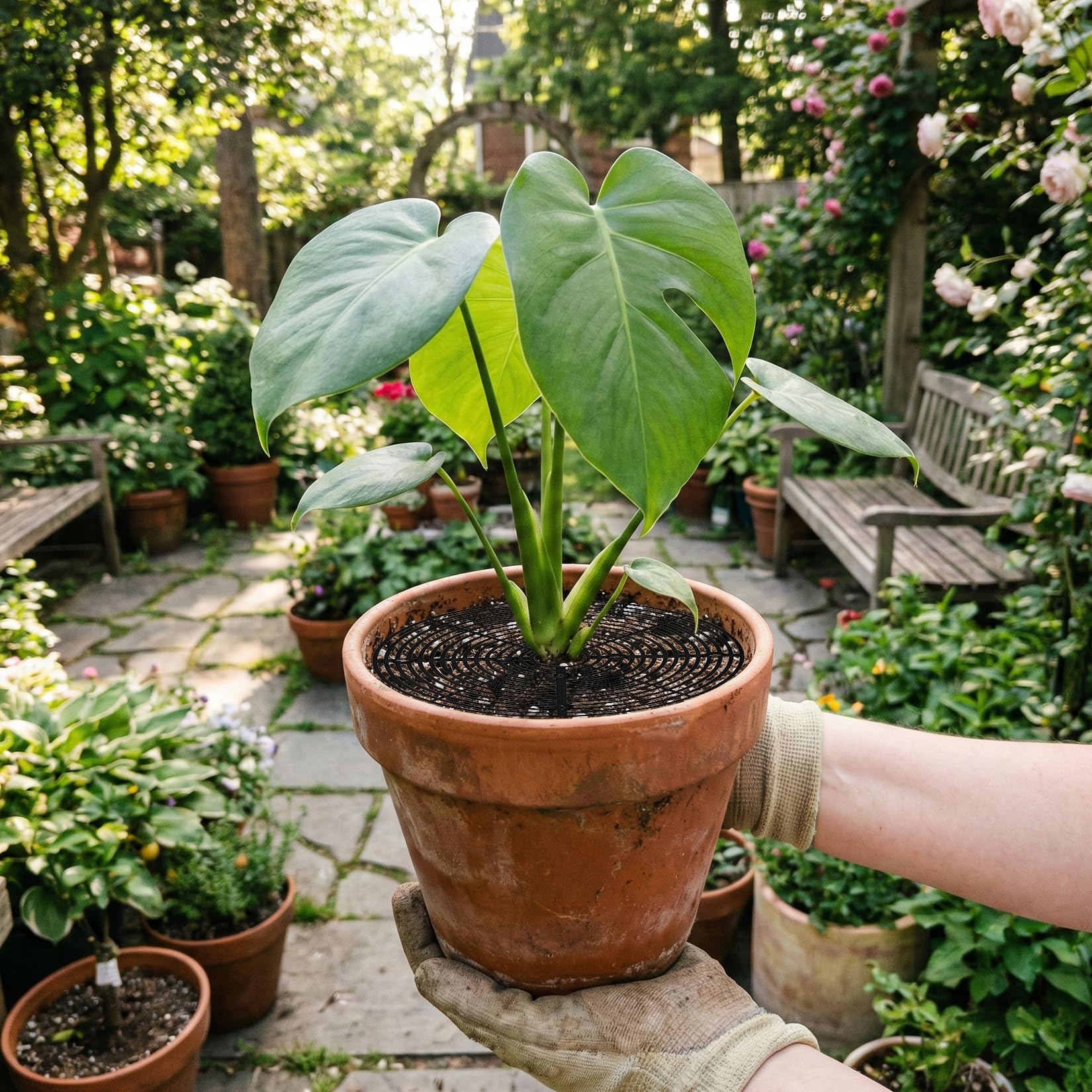 Lot de 4 grilles de pot de fleurs, 30 cm, protection des plantes, chat, en polypropylène, pour plantes, avec goupille de fixation allongée, protège les plantes des enfants et des animaux