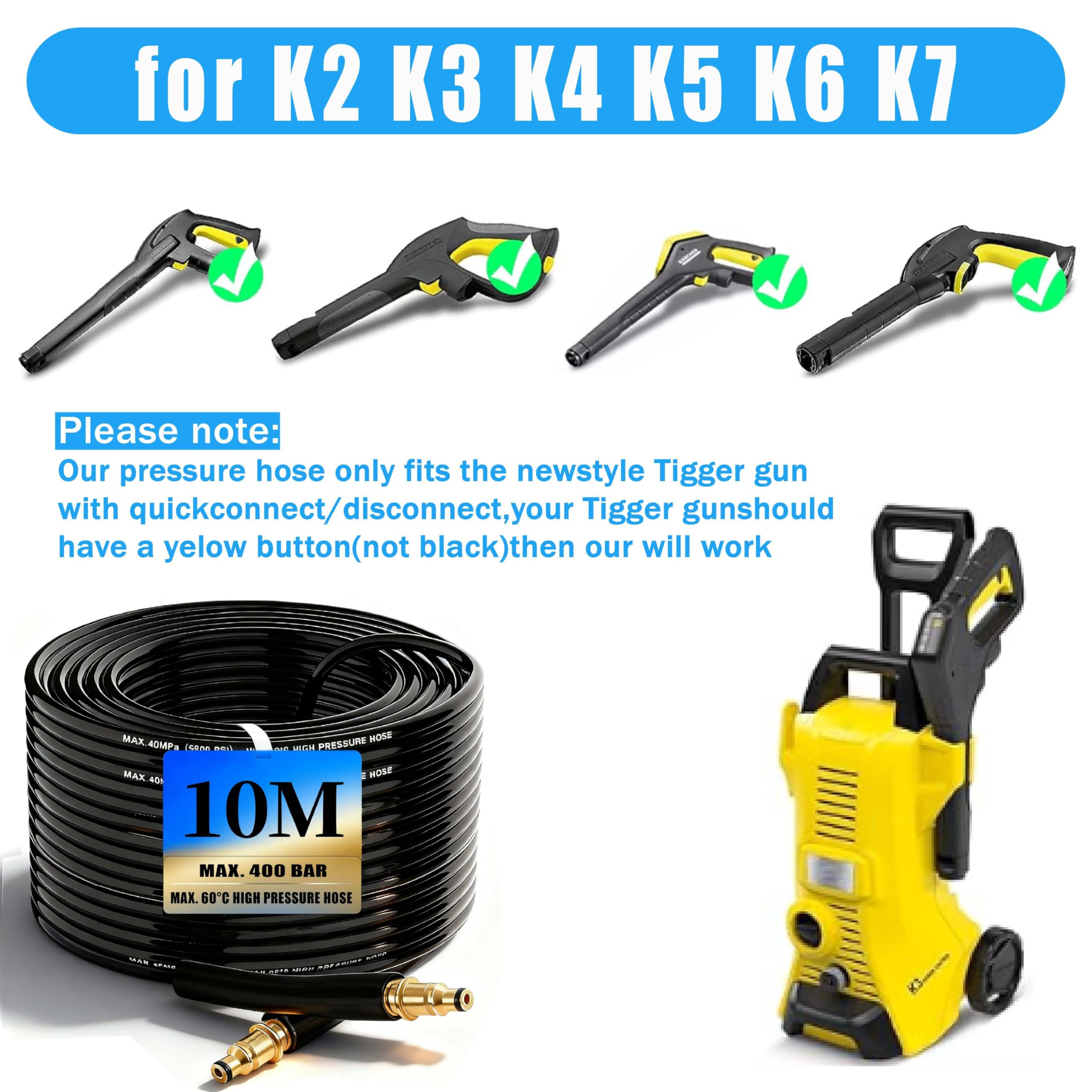 10m tuyau haute pression pour Kärcher K2 K3 K4 K5 K7, 400 Bar (5800 PSI) avec système Quick-Connect-Click, tuyau pratique de prolongation et de remplacement incl. ceinture de stockage