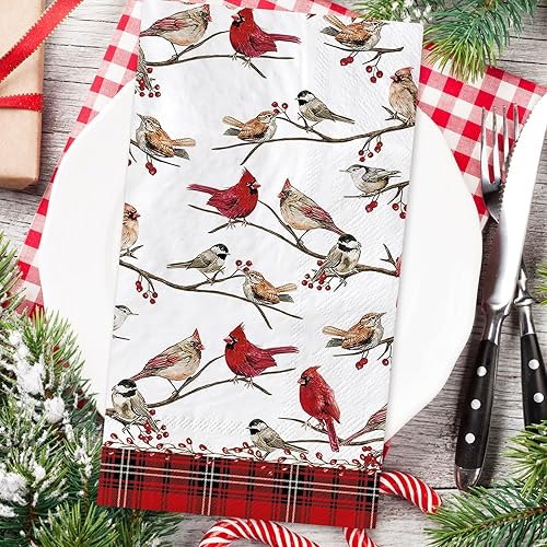 Miniatura 3 de Paquete de 100 servilletas de papel desechables para invitados de Navidad, diseño de ramas de pájaro petirrojo, servilletas de mano para Navidad,