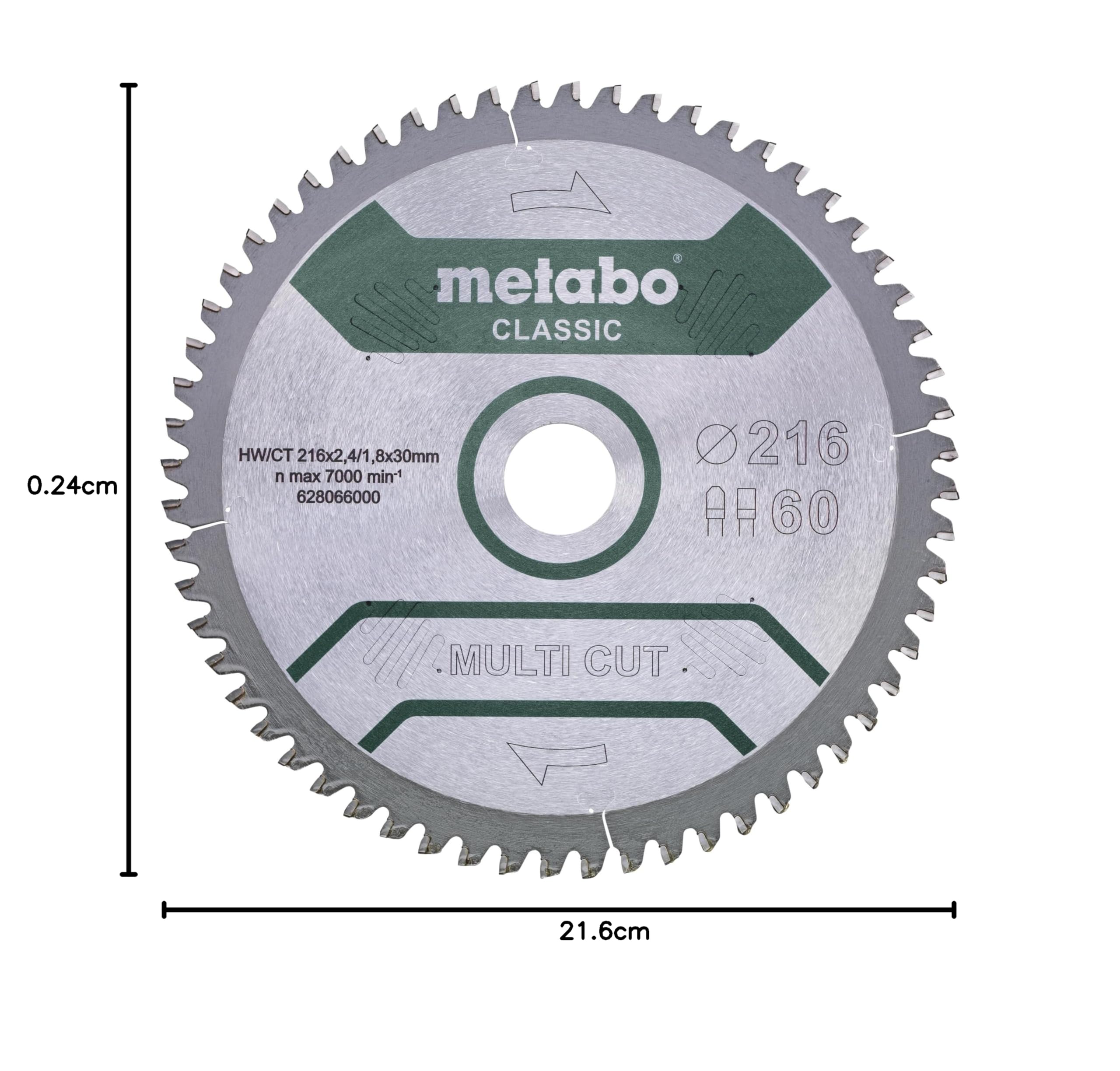 Metabo Lama Per Sega Circolare Hw/Ct 216 X 30 X 2,4/1,8, Ruota Dentata 60, Dentatura Trapezoidale Piatta, Angolo Di Spoglia Superiore 5° Neg