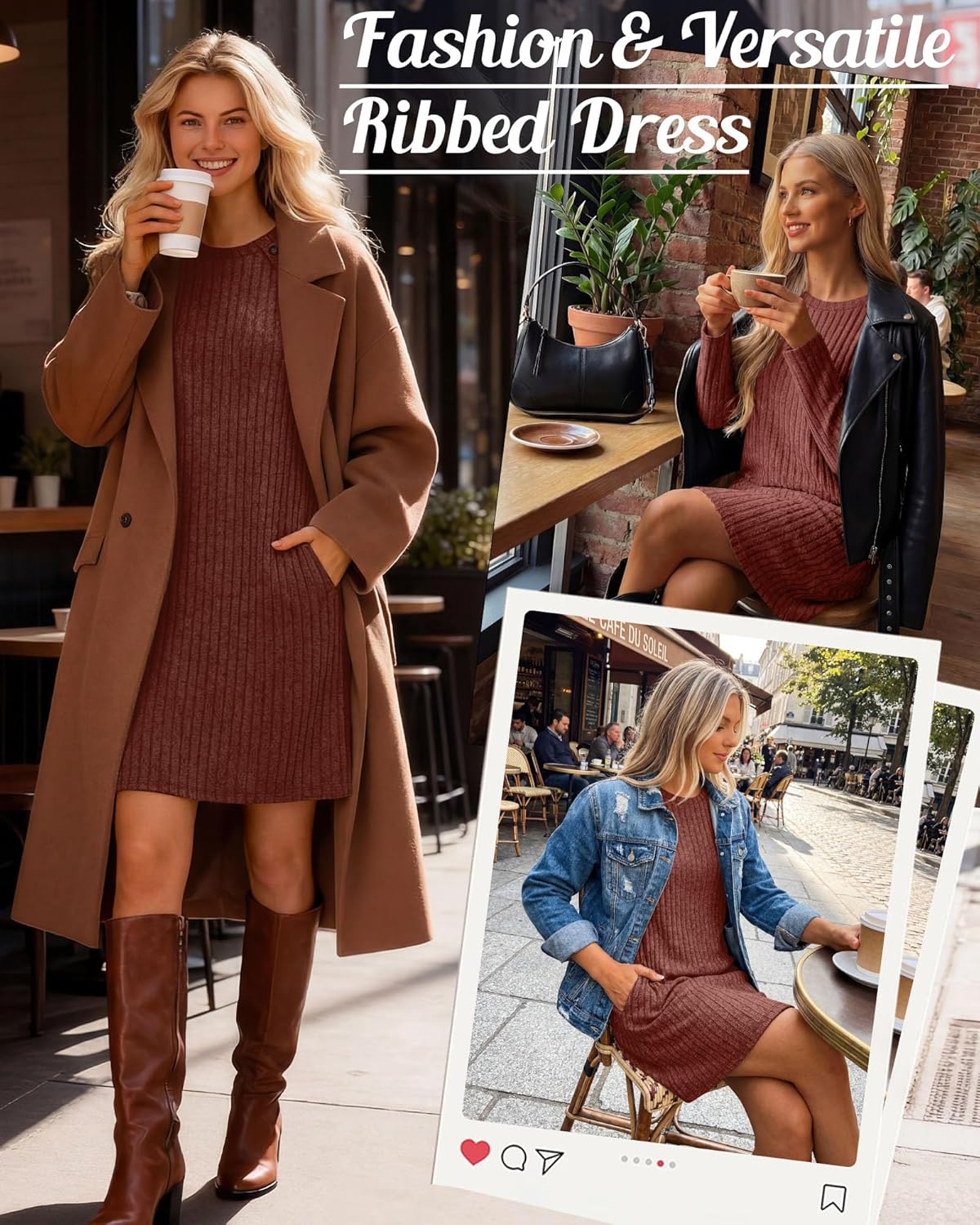 Women's Long Sleeve Loose Sweater Dress Crew Neck Knit Dress with Pocket Ribbed Button Side Fall Casual Tunic Top - Image 2