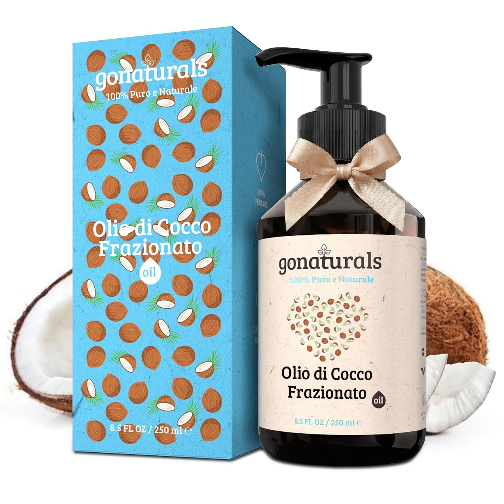 GoNaturals® Olio di Cocco Frazionato 100% Puro – Leggero e Non Unto – Olio di Cocco Capelli, Corpo, Viso – Olio Vettore per Oli Essenziali e Aromaterapia – Inodore e Sempre Liquido – 250 ml