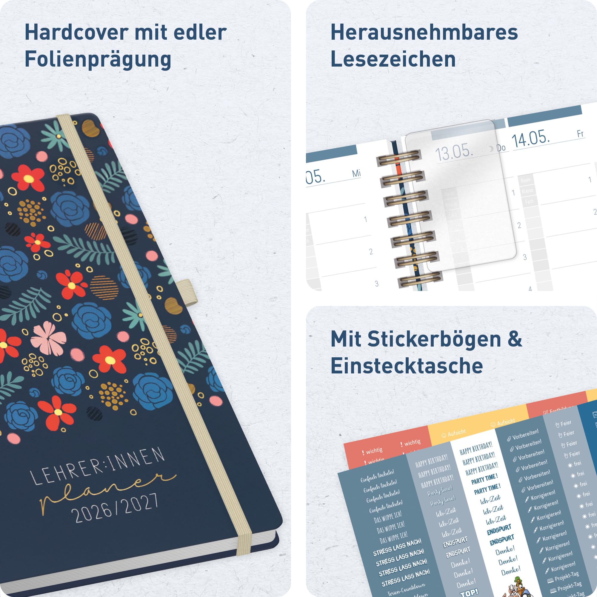 Häfft® Lehrer-Planer 2026/2027 Deluxe A5+ Lehrerkalender mit Hardcover und Spiralbindung, Schulplaner 26/27 für Grundschule, weiterführende Schulen & Referendariat "Flowers & Leaves"