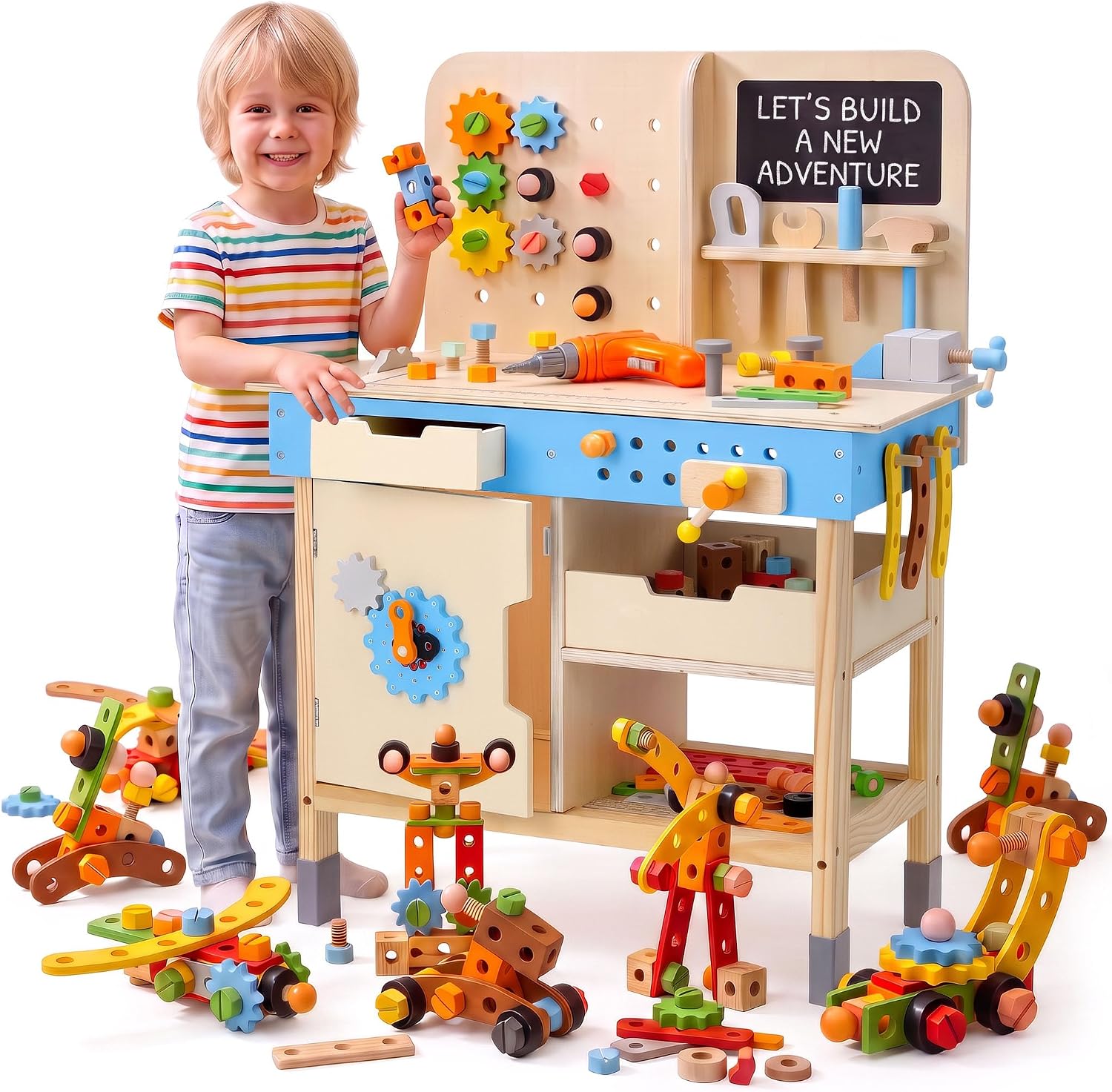 M MEEPO Large Kids Tool Bench, Toddler Wooden Tool Set STEM Toy for Age 3-9