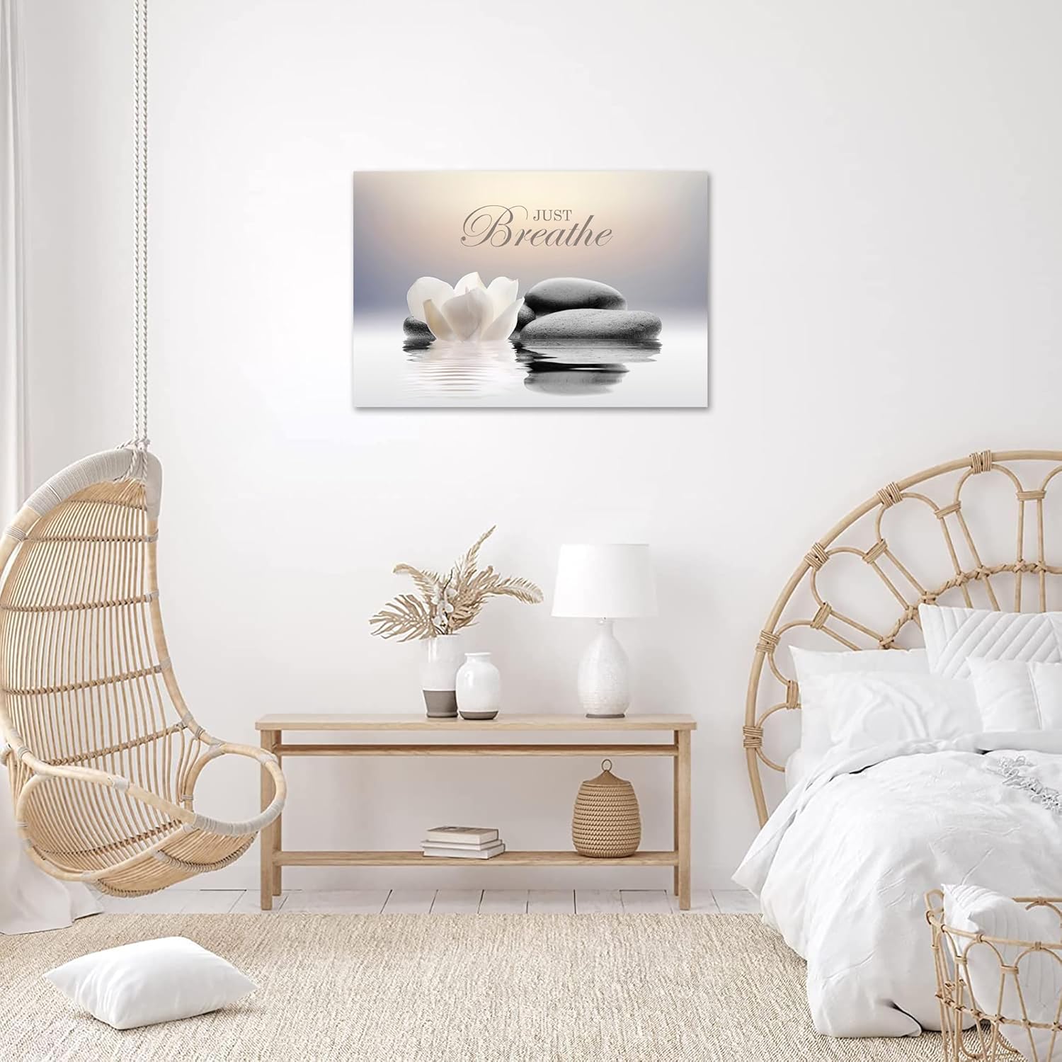 Zen Stone Canvas Wall Art Just Breathe Yoga Quotes Poster for Spa Decor White Lotus Flower Pictures Prints for Bathroom Modern Spiritual Artwork Framed (20 x 30inches) - Image 3