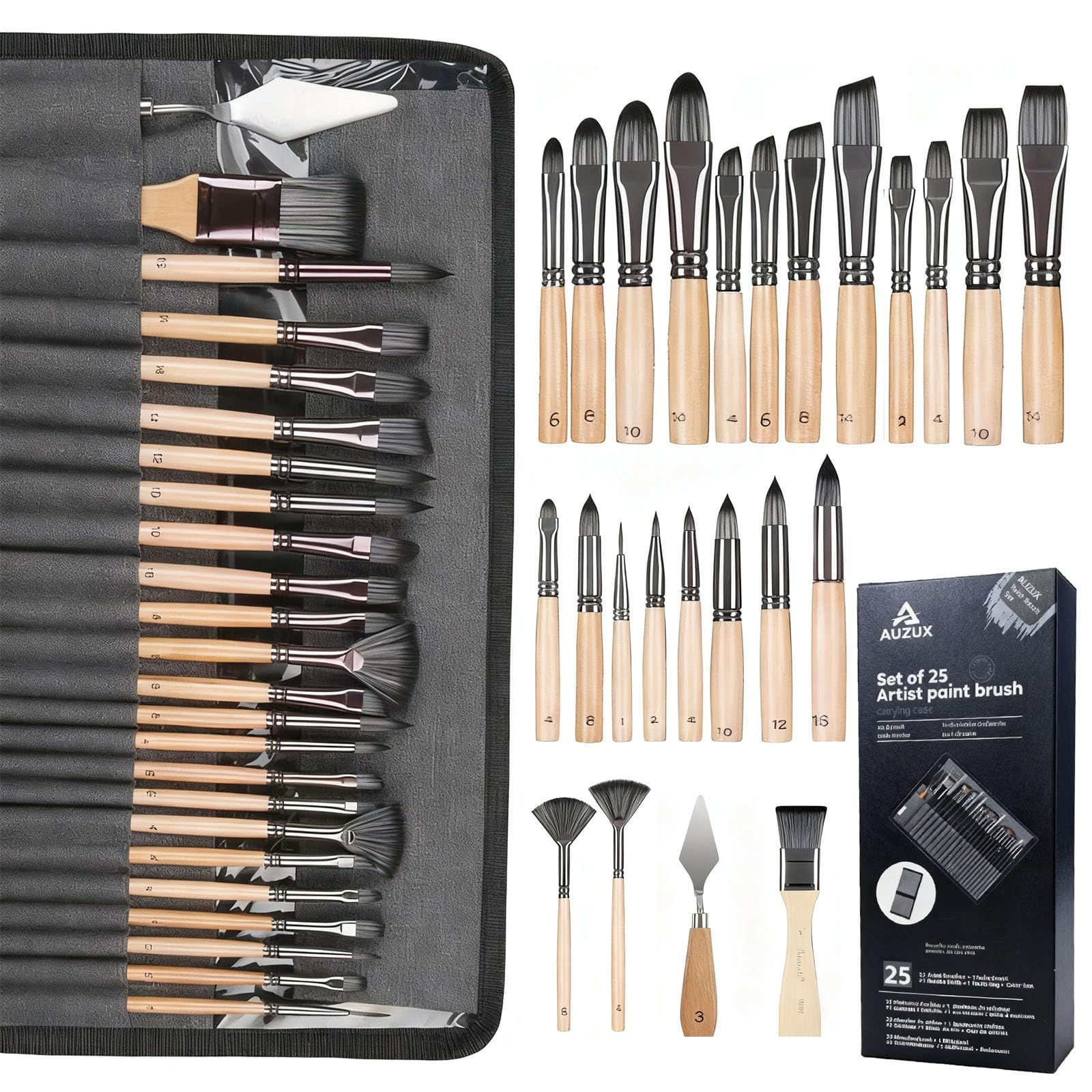 Pinsel-Set, 25-teilig, professionelle Künstlerserie mit breitem Flachpinsel, Filbert, Fächer, Dolch, Katzenzunge, rund, Winkel, Rigger für Öl, Acryl-Leinwand, Gesichtsbemalung, Premium-Verpackung