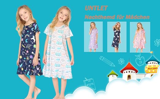 EULLA Mädchen Nachthemd Langarm - Baumwolle Schlafkleid Mit Süßen Prints