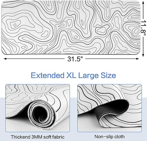 Miniatura 3 de Alfombrilla de mouse grande para juegos, alfombrilla de escritorio topográfica blanca para oficina de juegos, alfombrilla de mouse larga XL,