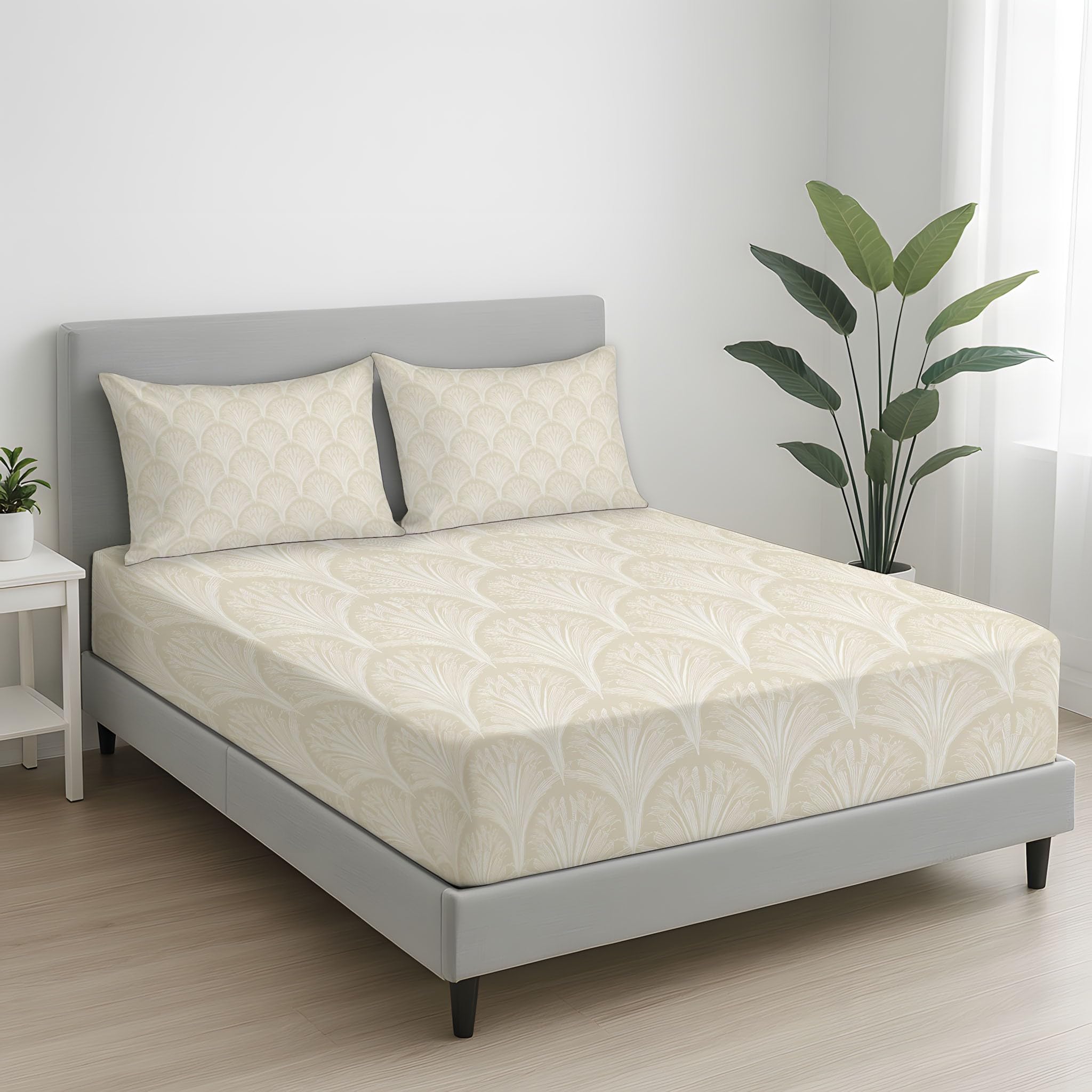 King Fitted Sheets - Bed Sheets Breathable and Luxury Microfibre Bedding Sets 160 x 200 cm, Scalloped Shell Patterns, Graceful Luxury Seamless Artistic, Hotel Style Master Bedroom