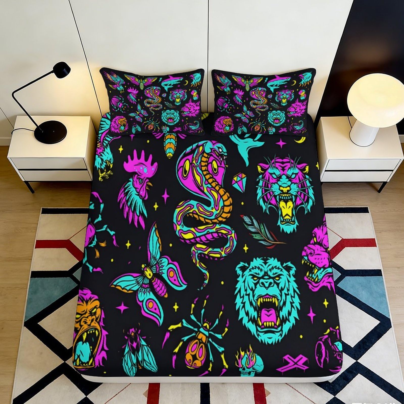 3D Printed Neon Animal Fitted Sheet Microfiber Vibrant Tiger Snake Bed Cover for Bedroom Dorm Decor 90x200x25cm